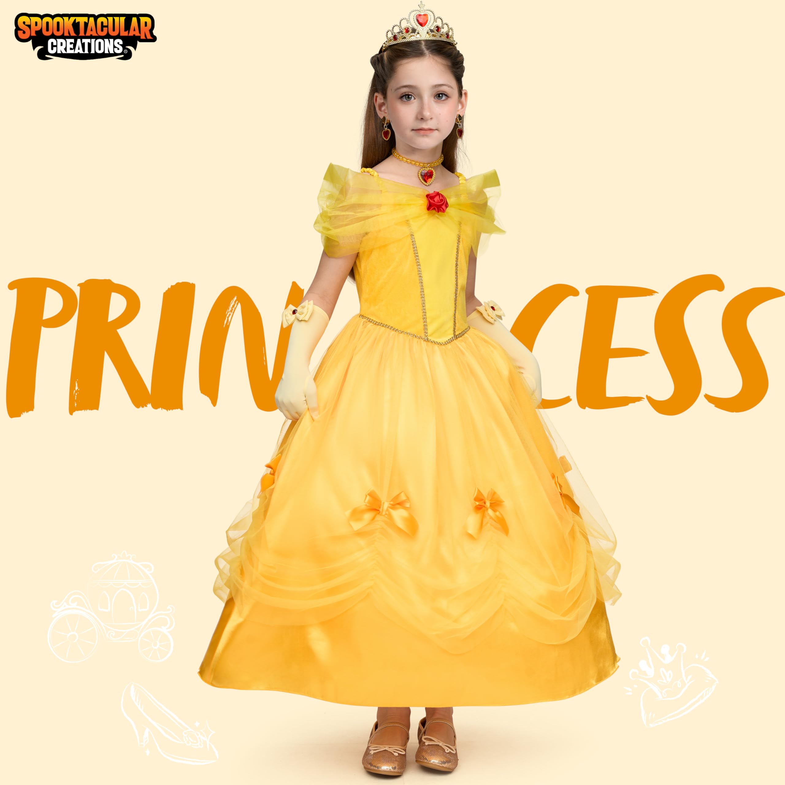 Spooktacular Creations Halloween Kids Yellow Princess Costume, Princess Corwn Dress Up Set for Girl, Off Shoulder Dress for Toddler Halloween, Birthday, Cosplay Party (Small, 5-7 yrs)