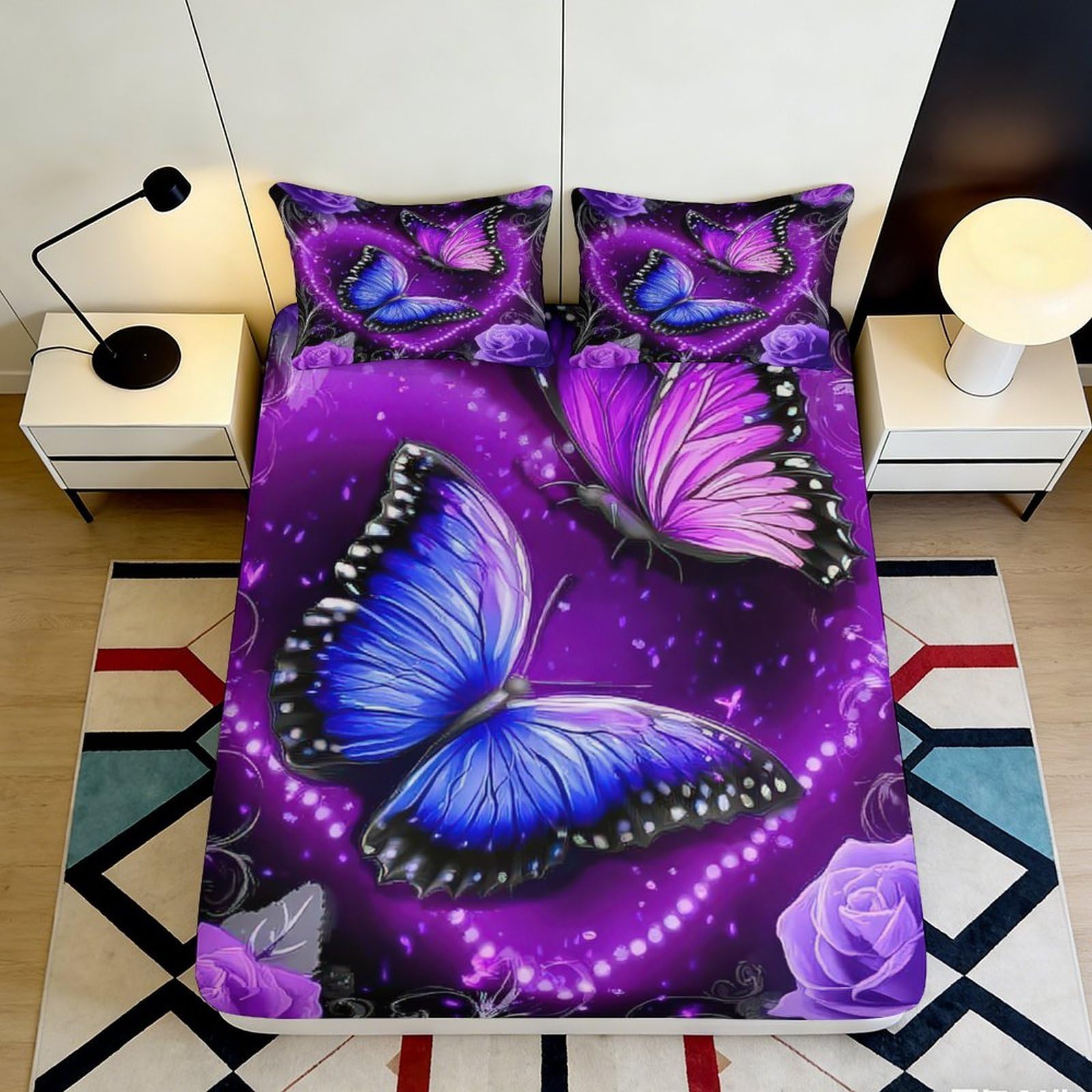 3D Printed Purple Butterfly Fitted Sheet Microfiber Deep Pocket Bedroom Bedding Set Non-Slip Purple Butterfly Mattress Fitted Cover Washable for All Ages 200x200x25cm 90x200x25cm