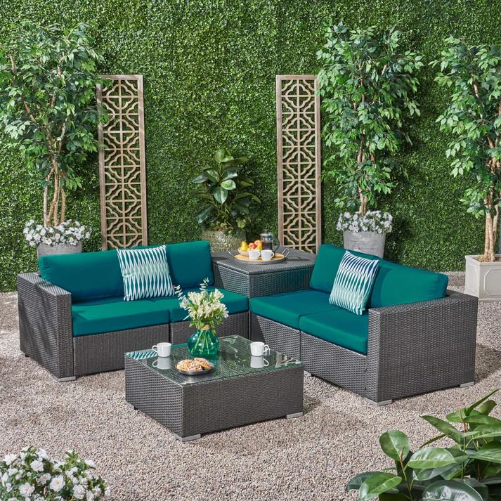 devoko outdoor wicker 4 piece patio sofa set with glass top coffee table and side table, all-weather cushions furniture set for backyard, garden, poolside (dark brown & green)