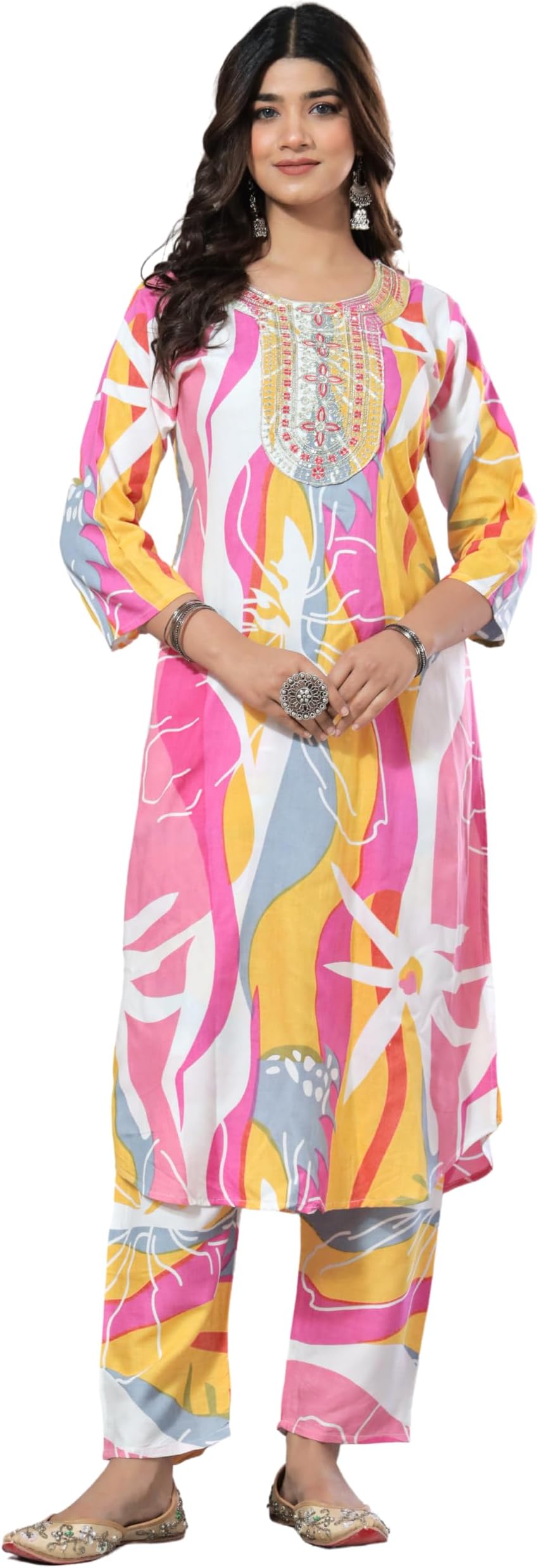 JD FinishingWomen Rayon Printed Embroidery Kurta Pant Set for Women & Girls Stylish Latest New Trending Design Straight Fit Kurta