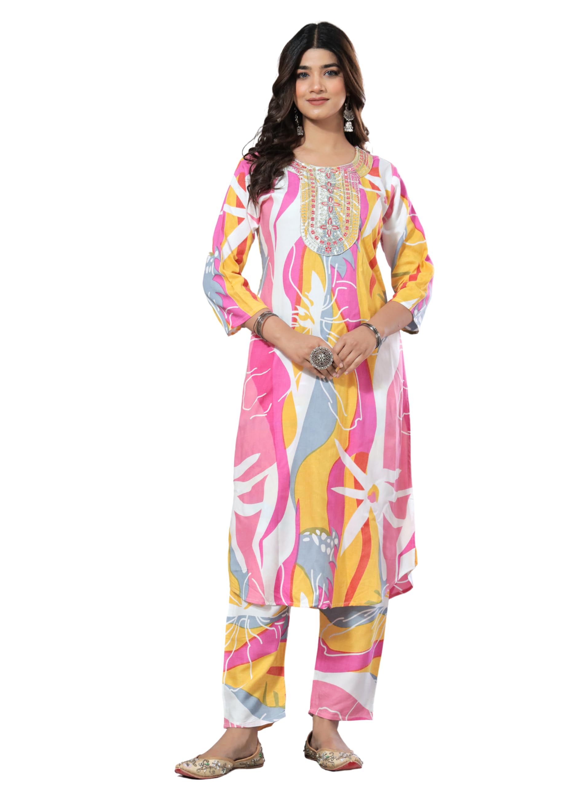 JD FinishingWomen Rayon Printed Embroidery Kurta Pant Set for Women & Girls Stylish Latest New Trending Design Straight Fit Kurta