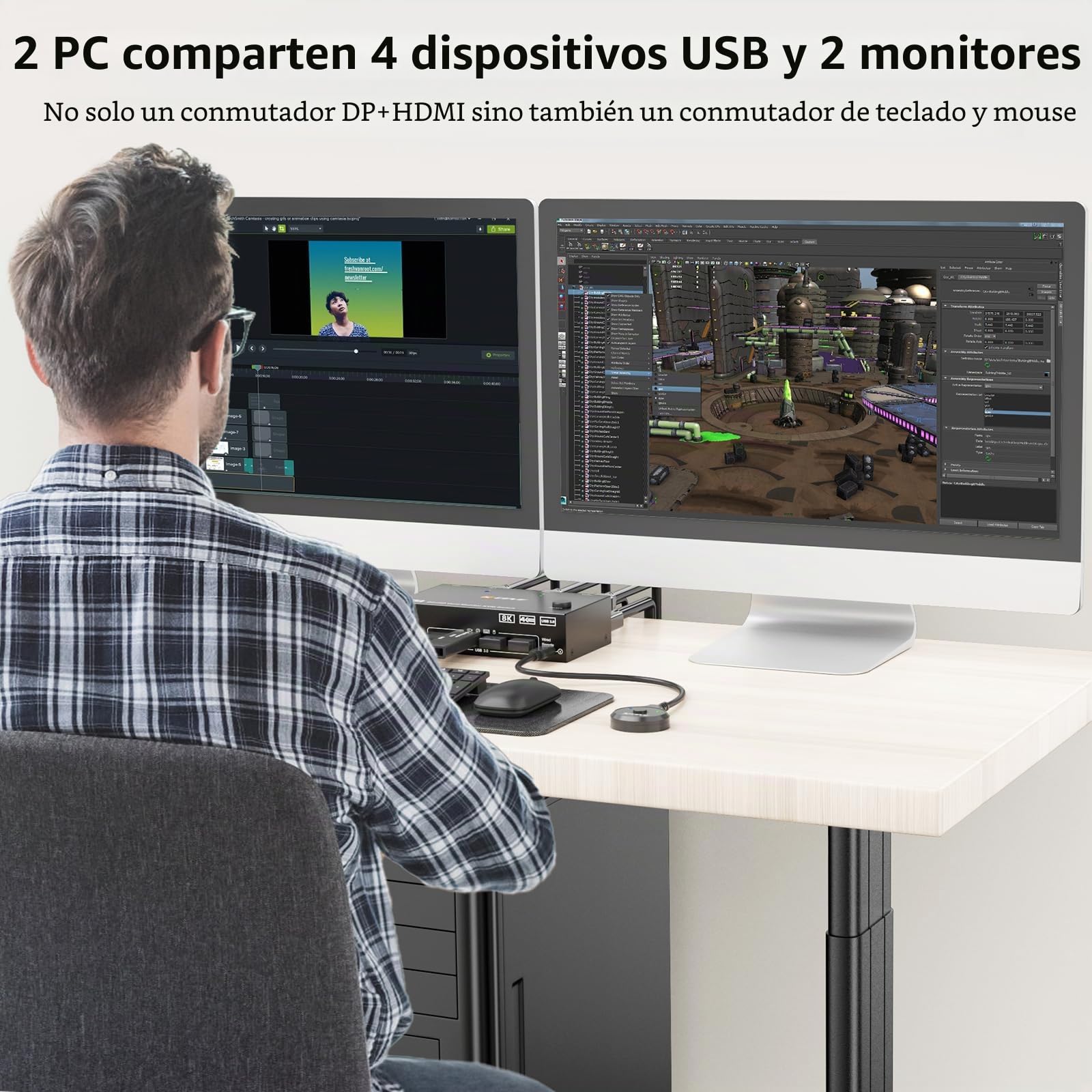 Conmutador KVM 8K 2 PC 2 monitores 8K @ 60Hz 4K @ 144Hz DisplayPort + HDMI Dual Monitores KVM Switch para 2 PC Share 2 monitores y 4 dispositivos USB 3.0, mando a distancia por cable, fuente de