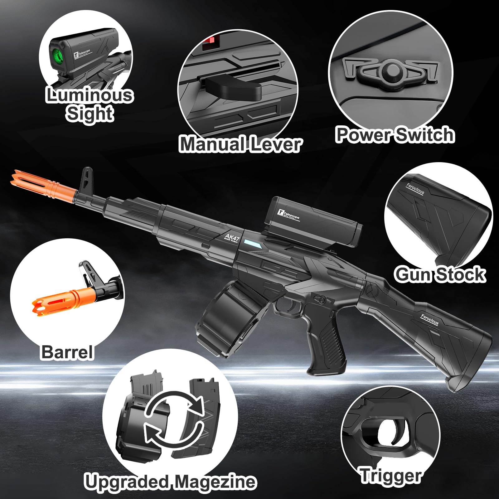 Amazon.com: SOFITEN BattlePro AK47 風格凝膠球槍大容量水噹聲槍附40,000 個回合和全息瞄準鏡適合14  歲及以上的戶外娛樂和安全的遊戲: