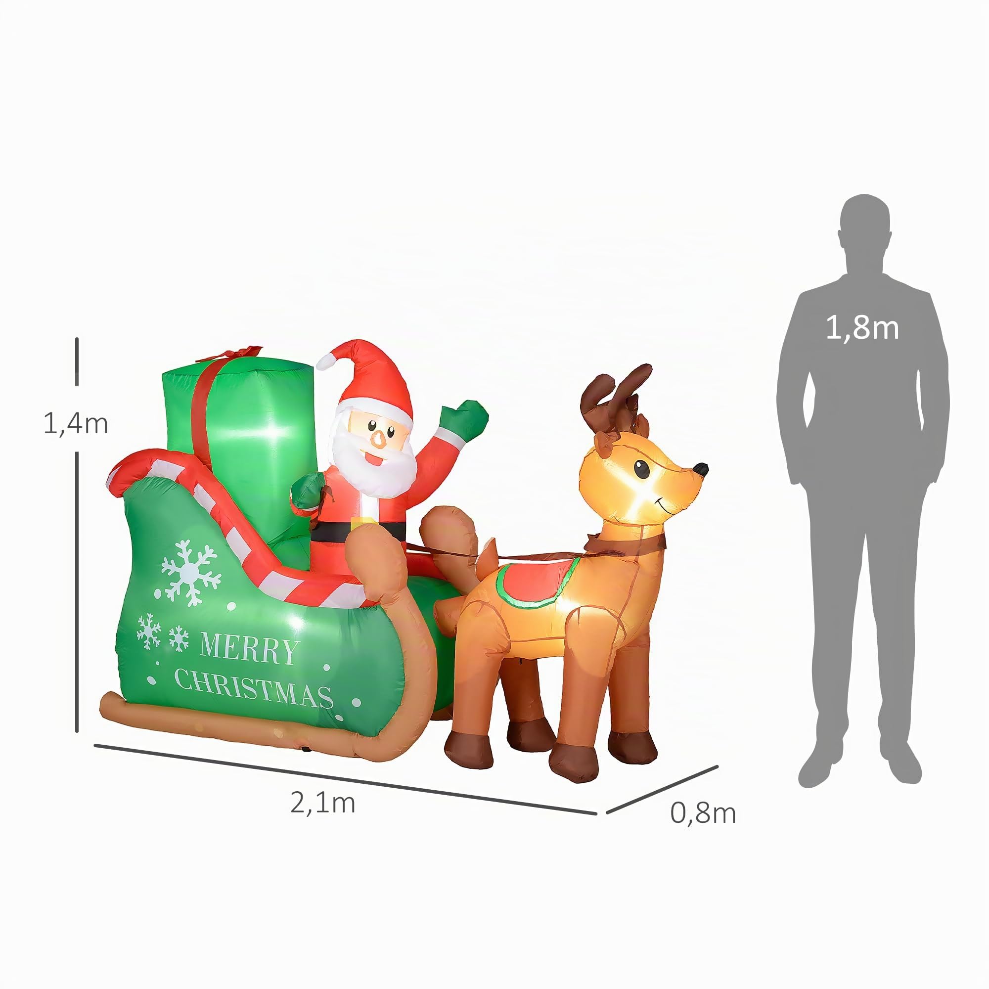 Outsunny Aufblasbar Weihnachtsdeko 2,1 m Weihnachtsmann mit Schlitten | Rentier, LED-Beleuchtung, Selbstaufblasende Weihnachtsbeleuchtung, für Innen- und Außenbereich