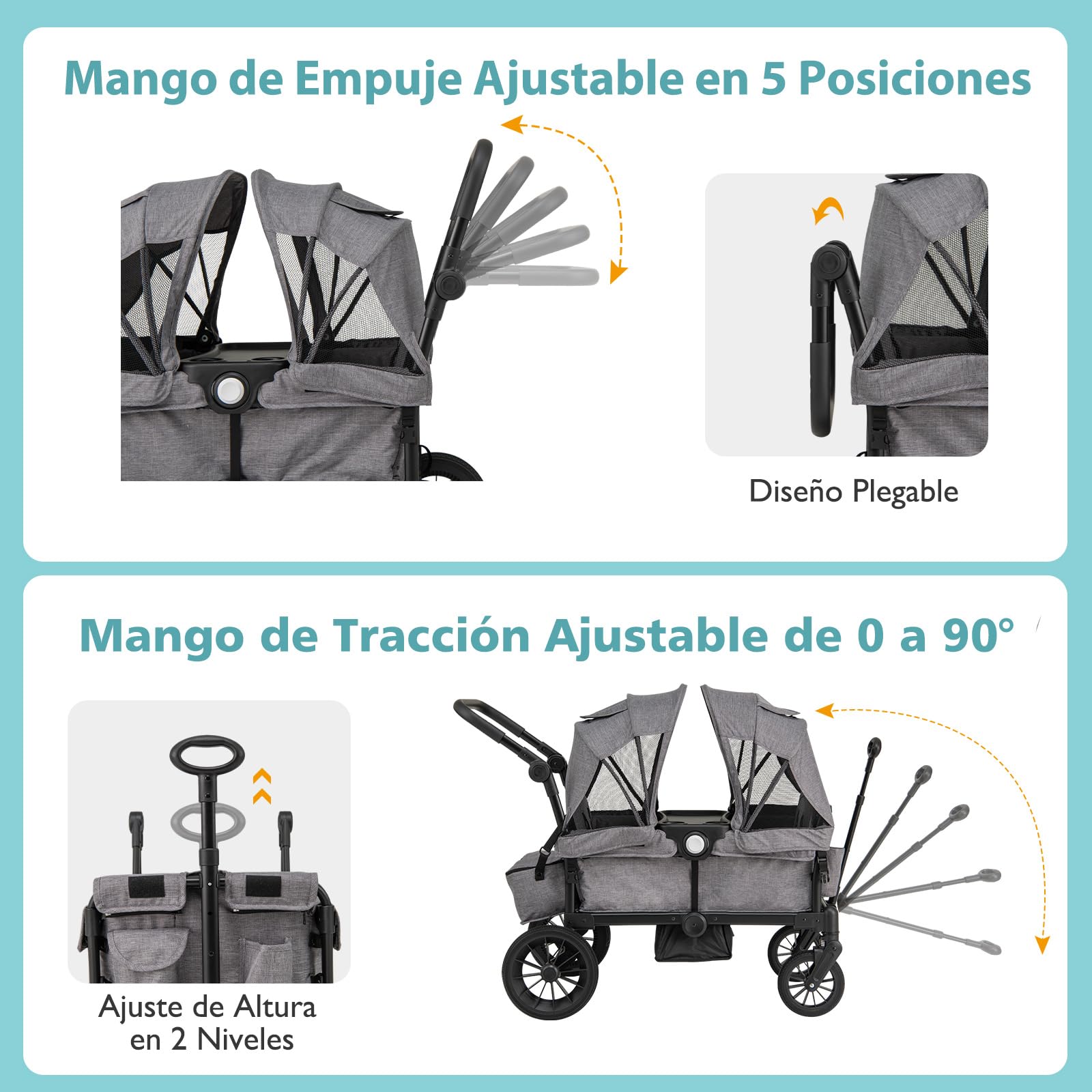 COSTWAY Carro Plegable para 2 Niños, Carga 25 kg, Cochecito Doble con Manillar Ajustable, Capota Extraíble, Portavasos, Bandeja de Comida y Arnés de 3 Puntos, Cochecito para Bebés de 6+ Meses (Gris)