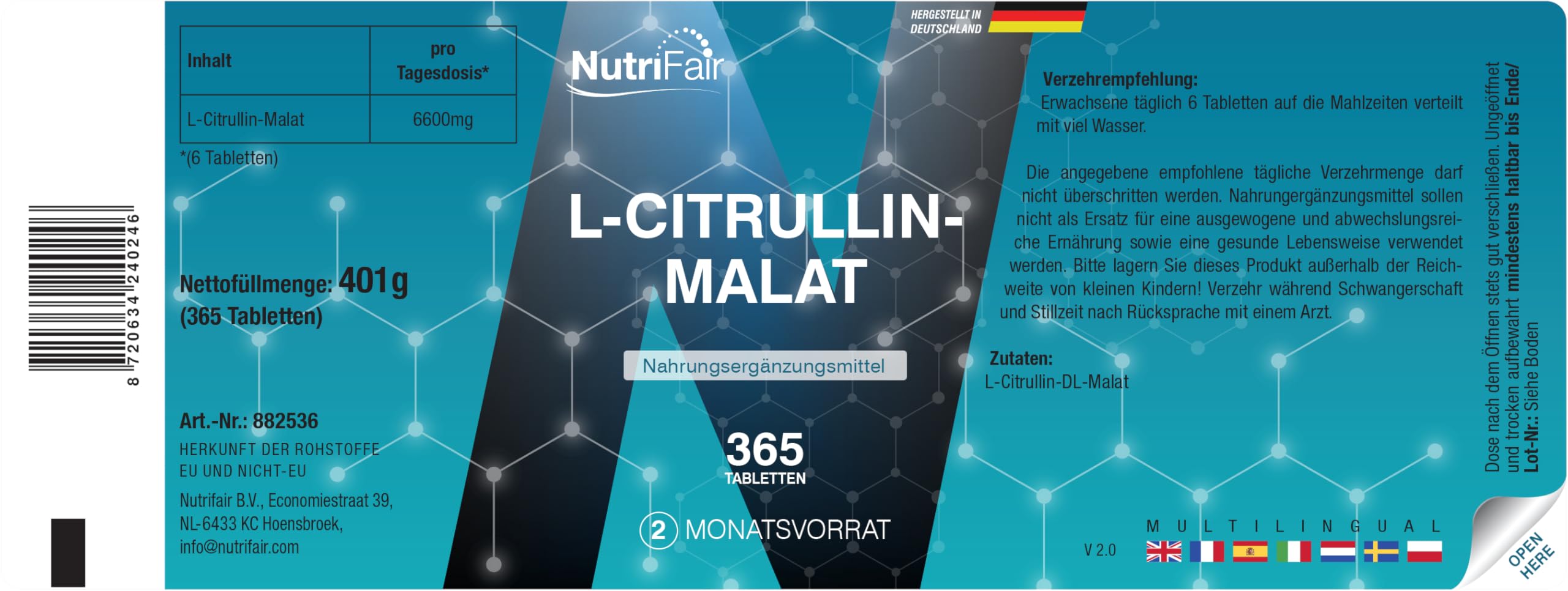 L-citrullina malato, 365 compresse, 6600mg per dose giornaliera, 100% L-citrullina DL-malato senza additivi, Altamente dosato, 100% Vegano, produzione tedesca e test di laboratorio,
