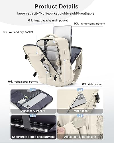 Miniatura 3 de VECAVE Mochila de viaje para laptop, mochila aprobada para vuelos,Mochila deportiva para universidad casual, E-beige-3, Mochila casual