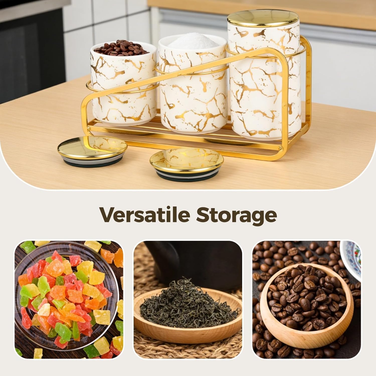 OMISTAR Ceramic Canister Set of 3 with Tiered Shelf, Airtight Kitchen Counter Canisters for Flour Sugar Coffee Tea, White Countertop Storage Containers with Lids, Modern Farmhouse Decor Organizer