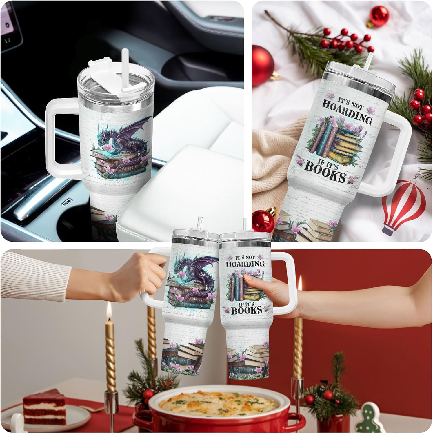 34HD Book Dragon Tumbler 40oz with Handle and Straw, It's Books Fantasy Dragons Design Stainless Steel Insulated Travel Mug, Bookish Items, Book Lover Gift for Readers & Him Her - Image 7