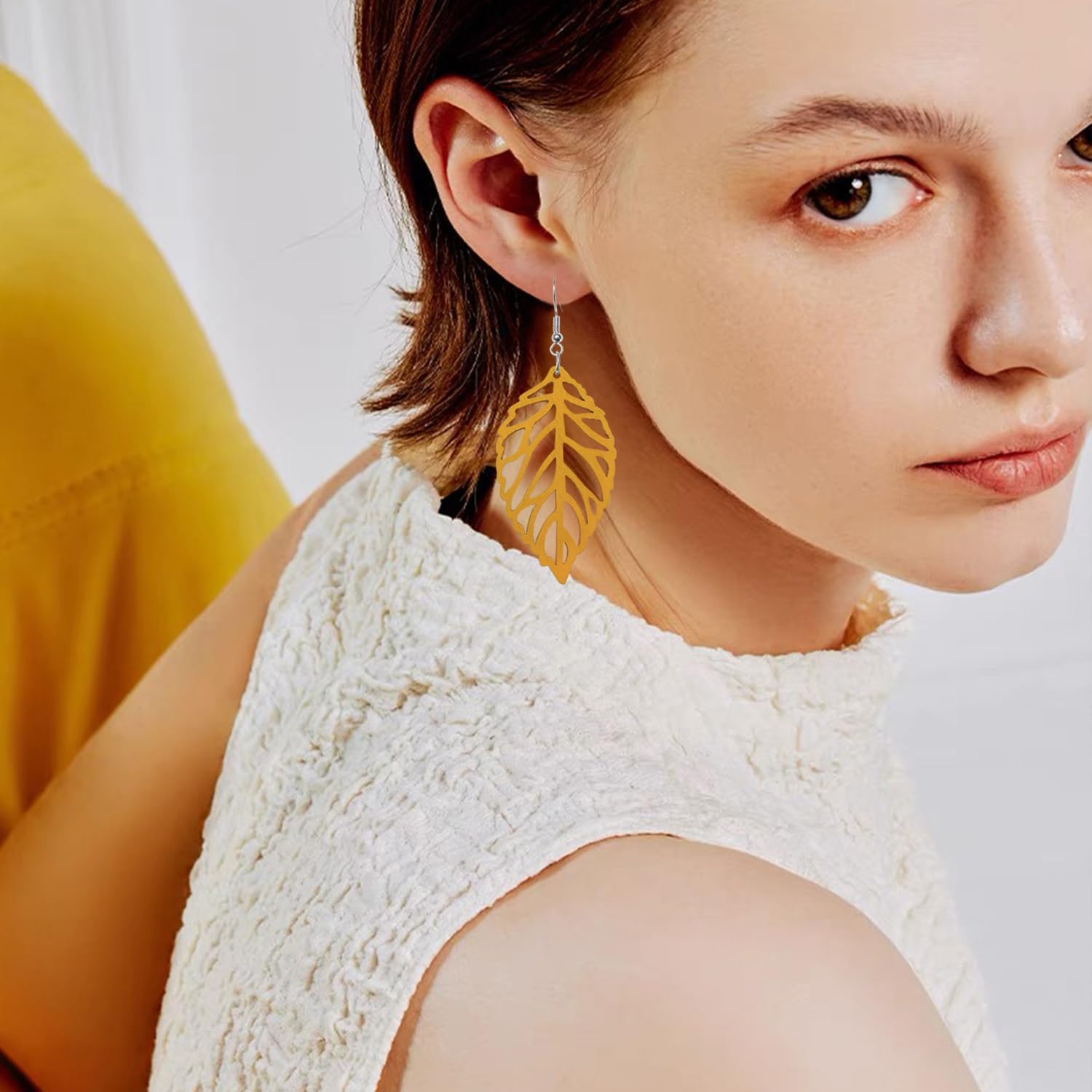 Handmade Bohemian Natural Wooden Leaf Dangle Drop Earrings Lightweight Vintage Hollow Feather Hook Earrings for Women Statement Boho Jewelry Gifts - Image 4