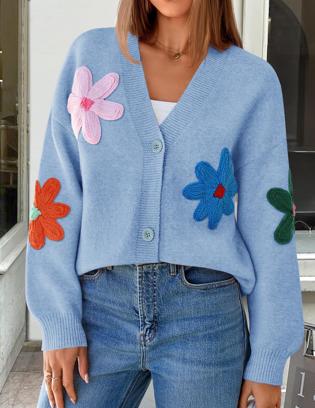 ZESICA Womens 2026 Spring Floral Cardigan Sweaters Casual Long Sleeve Open Front Button Down V Neck Knit Sweater - Image 2