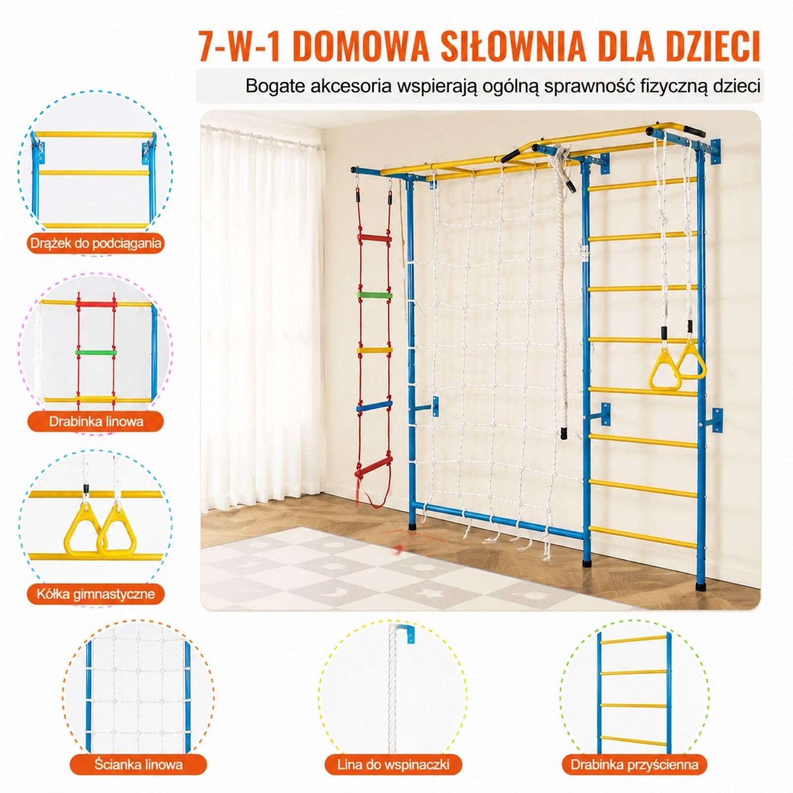 Stalowa drabinka gimnastyczna 7 w 1, ścienny zestaw do wspinaczki z elementami zabawy do pomieszczeń