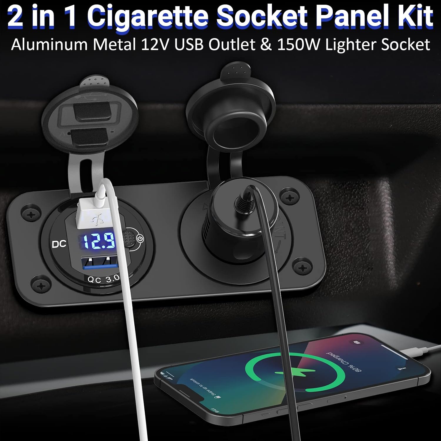 Cigarette Lighter Socket 12V Power Outlet, Qidoe Aluminum 40W Dual QC3.0 USB Charger Socket with LED Voltmeter Switch,150W DC Lighter Socket Waterproof 12V Plug Panel for Car Boat RV Marine Golf Cart