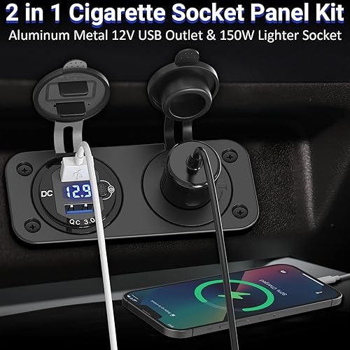 Miniatura 2 de Qidoe - Enchufe para encendedor de cigarrillos de 12 V, enchufe de cargador USB QC3.0 dual de aluminio de 40 W con interruptor voltímetro LED,