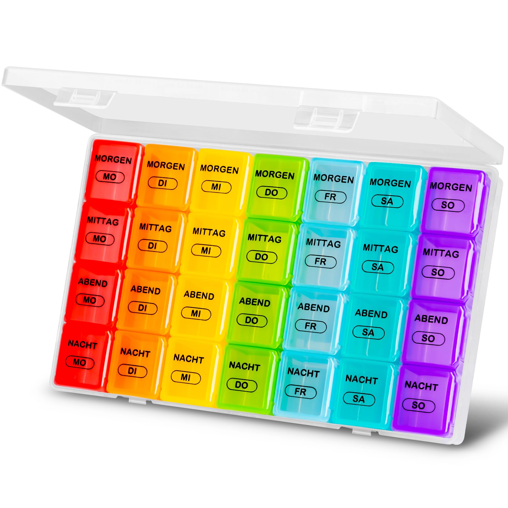 mossime Tablettenbox 7 Tage Große Fächer, 4 Fächer pro Tag, BPA-frei | Medikamentenbox für morgens, mittags, abends und nachts, leicht zu öffnen, für Vitamine, Fischölkapseln und Tabletten, Weiß