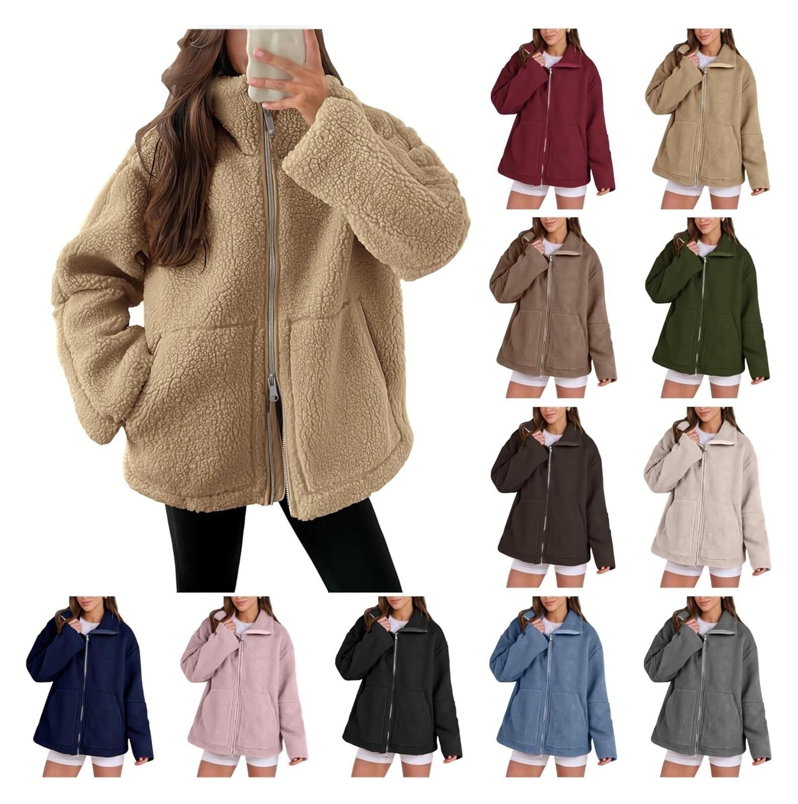 Teddy Jacket Femme Hiver Teddy Veste Polaire Double Curseur Zip Veste D'hiver Loisirs Extérieur Manteau Polaire Manteau D'hiver Thermique Teddy Revers Uni Veste S-XXL