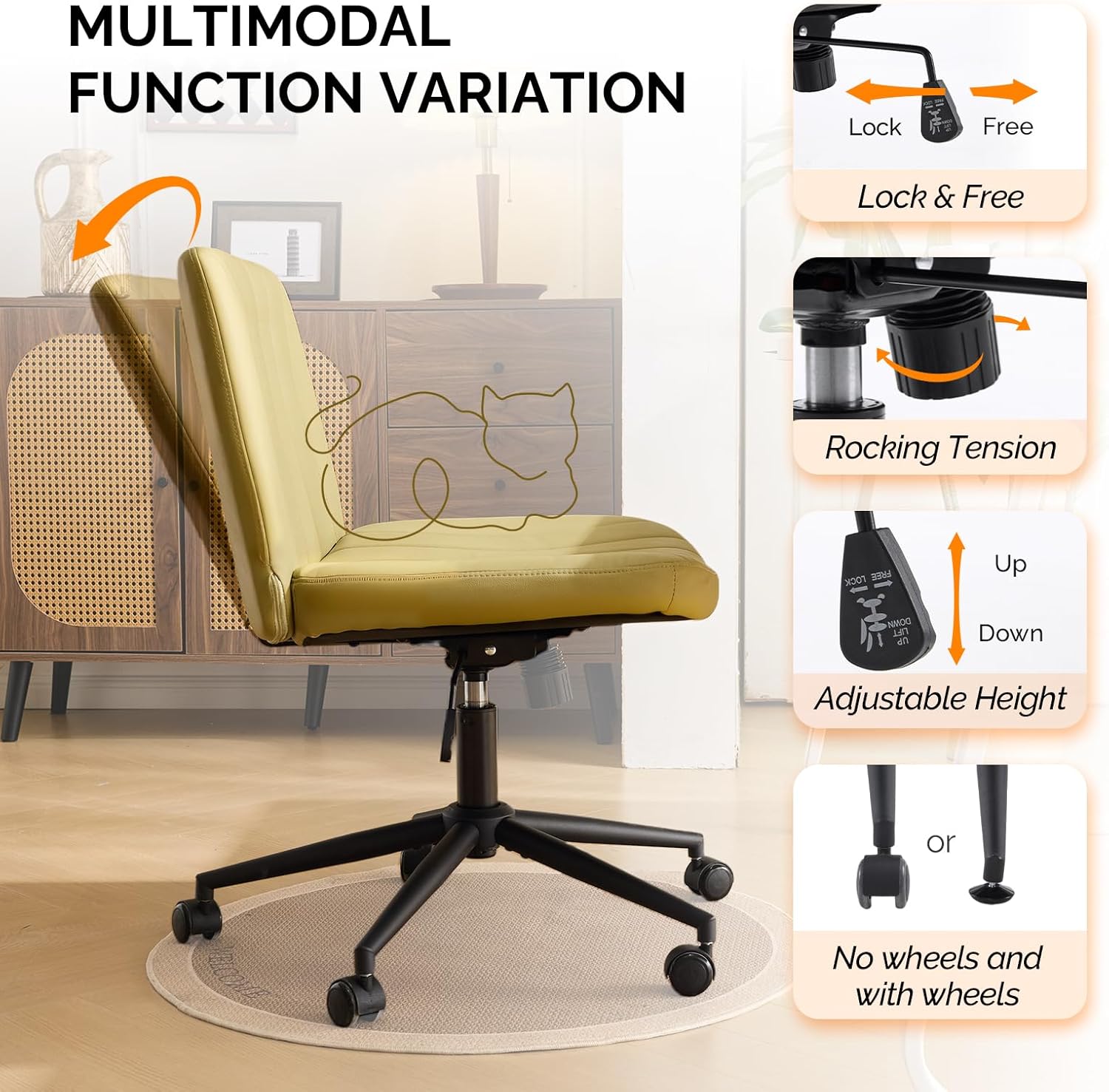 Diagram illustrating the multimodal function variations of the chair, including lock/free tilt, rocking tension, adjustable height, and the option for wheels or no wheels.