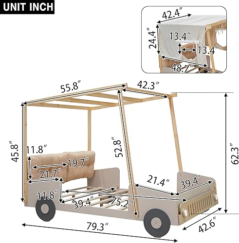 Miniatura 93 de P PURLOVE Cama de plataforma en forma de auto de carreras de tamaño individual con ruedas y listones, marco de cama de madera para niños, niñas,