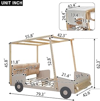Twin Size Car Pillow,Ceiling Cloth and LED Light, Wood Platform Beds w/Canopy Frame, No Box Spring Needed,for Kid Adult Boy Girl,Natural