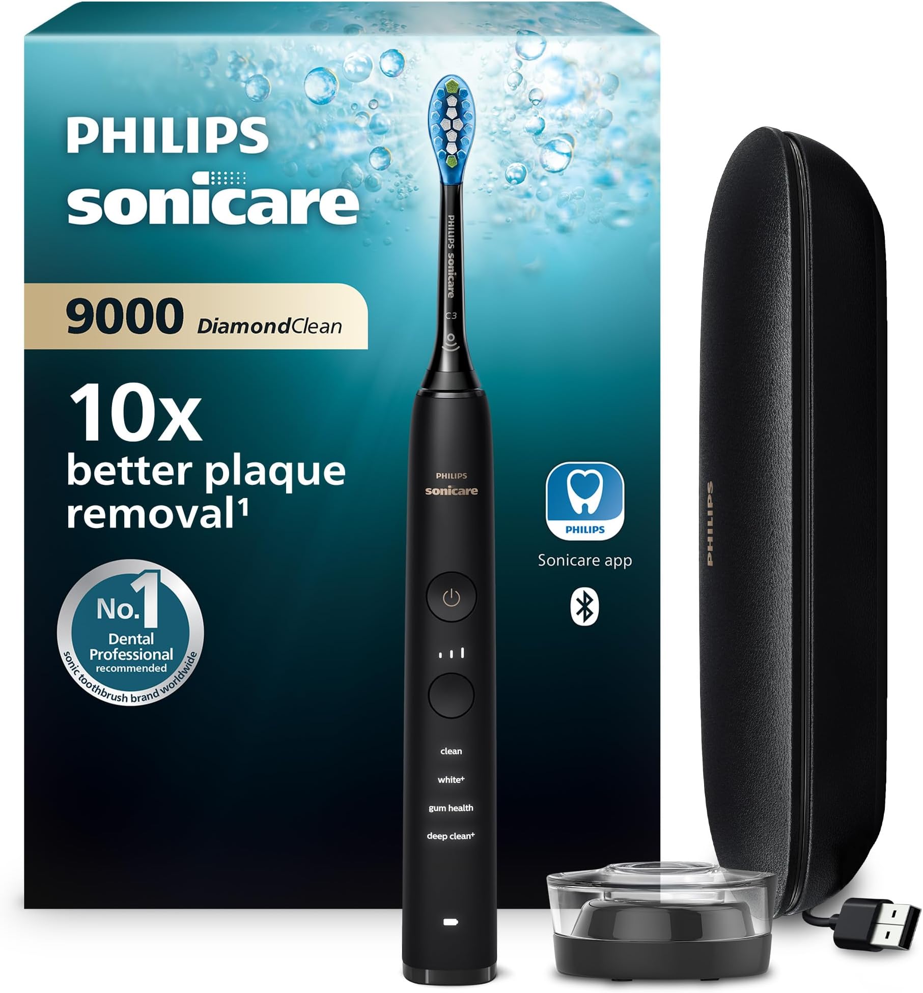 Philips Sonicare DiamondClean 9000 Electric Toothbrush - with App, Pressure Sensor, 4 Brushing Modes, 3 Intensities, Charging Stand, USB Travel Case, Black, Model HX9911/39, UK 2-Pin Bathroom Plug