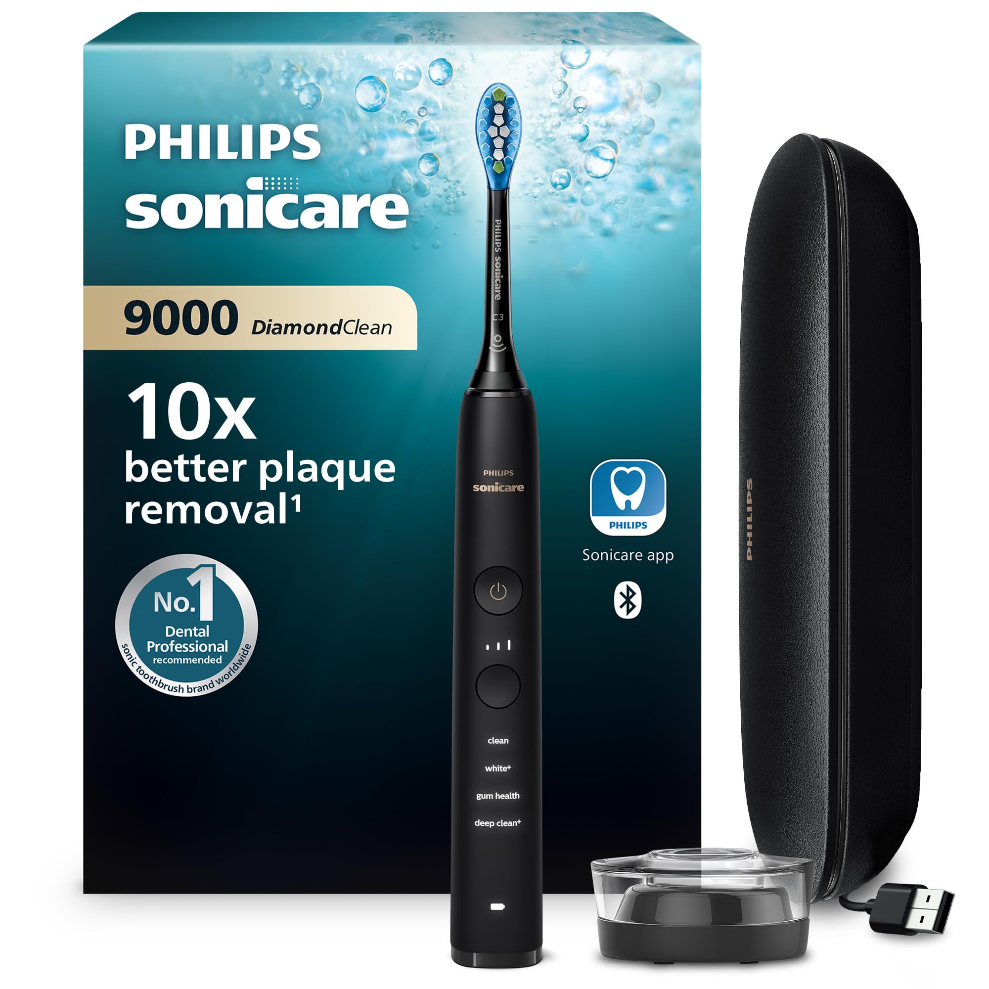PhilipsSonicare DiamondClean 9000 Black Electric Toothbrush, 4 Modes, 3 Intensities, Gum Pressure Sensor, App, Connected Handle, UK 2-Pin Bathroom Plug, Packaging May Vary