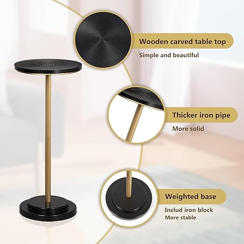 Miniatura 7 de Mesa de bebidas, pequeña mesa auxiliar con pedestal con parte superior tallada de madera para sala de estar, dormitorio, espacio pequeño, dorado y