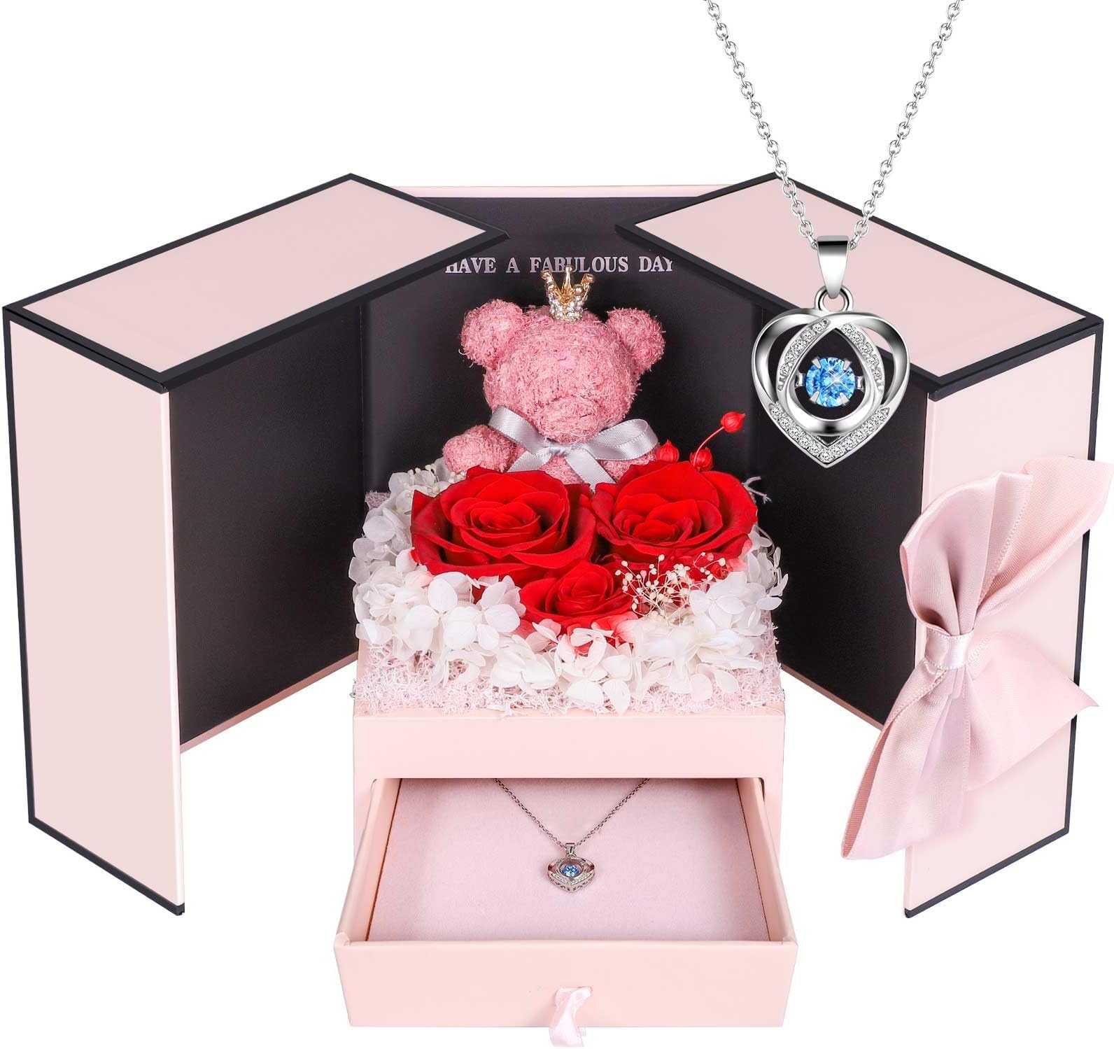 ADDWel Preserved Real Roses with 925 Sterling Silver Blue Heartbeat Necklace, Romantic Birthday for Wife, Girlfriend, Forever Flower Jewellery Gift Box | 3 real preserved roses with a Blue Heartbeat Necklace symbolising “Every Beat of My Heart Is for You”.