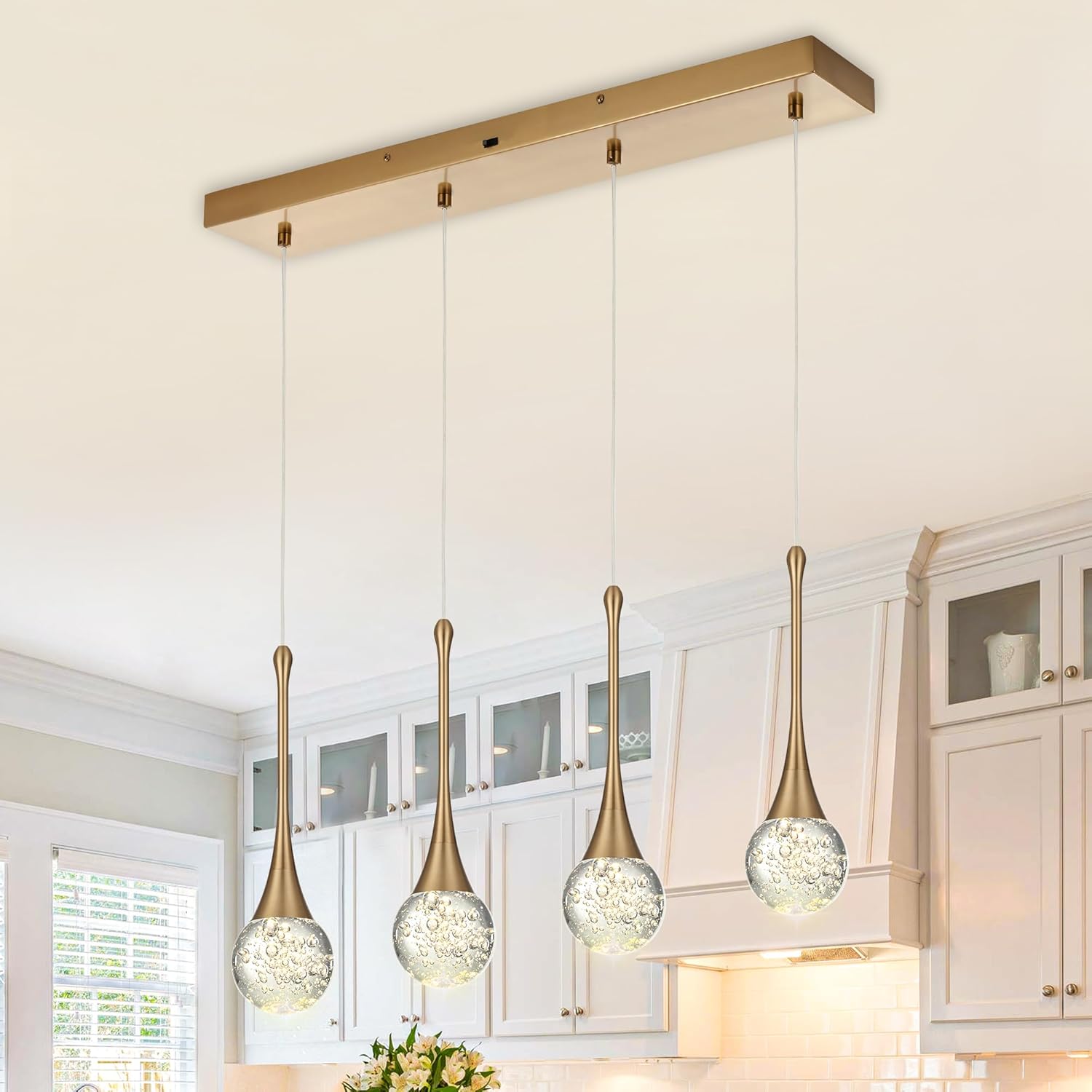 VINLUZ 4-Light Brushed Gold Crystal Chandelier, Dimmable LED Bubble Raindrop Rectangle Pendant Lighting Fixture, Luxury Elegant Adjustable Spiral Ceiling Light for Entryway Staircase