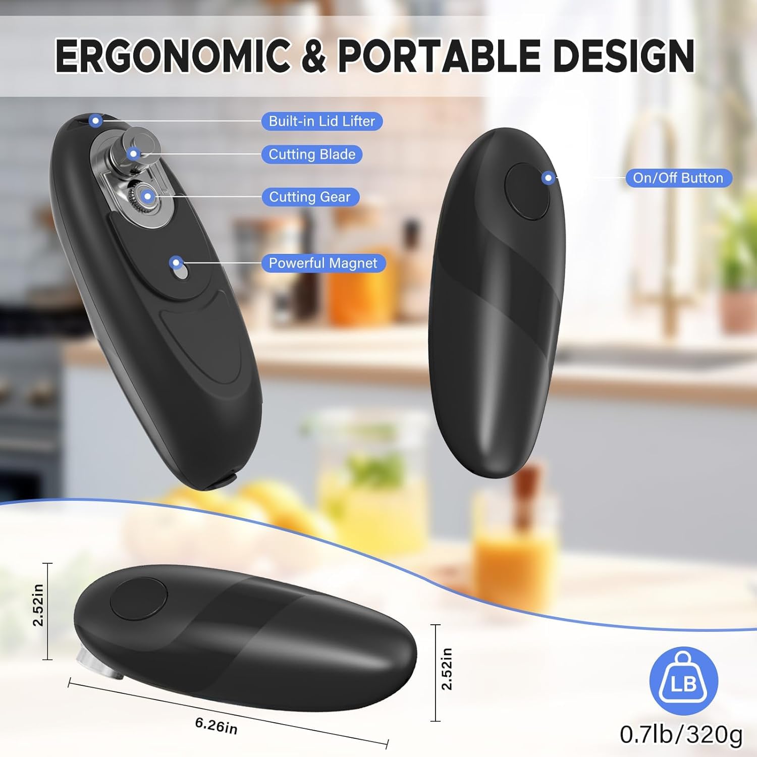 Elektrischer Dosenöffner, automatischer Dosenöffner One Touch mit glattem Rand, batteriebetrieben, geeignet für Dosen aller Größen, handloser Dosenöffner für Küche, auch für Linkshänder geeignet