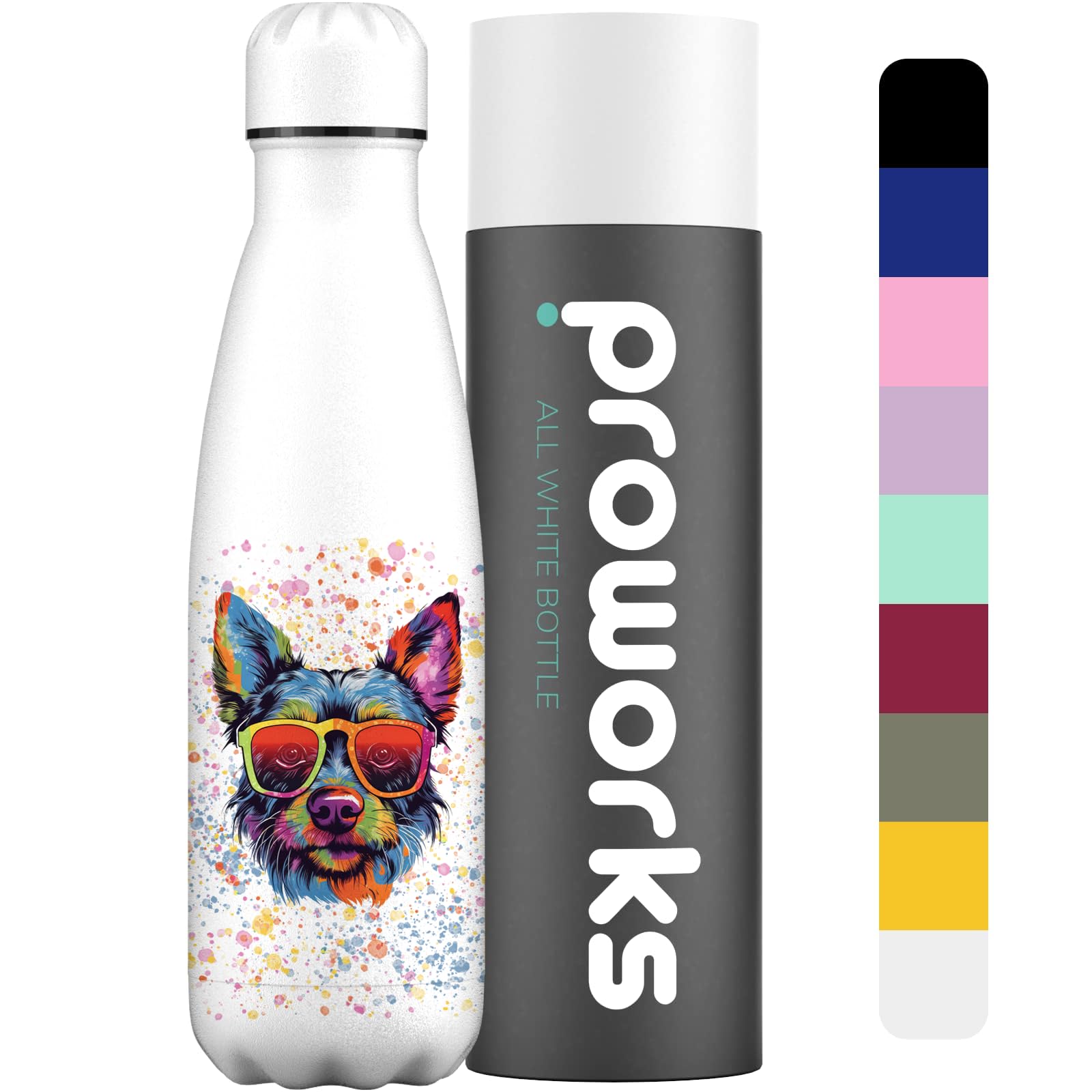 Proworks Botellas de Agua Deportivas de Acero Inoxidable Cantimplora Termo, Doble Aislamiento 12 Horas Caliente y 24 Horas Frío 500ml - Toda Salpicadura de Pintura Blanca - Perro