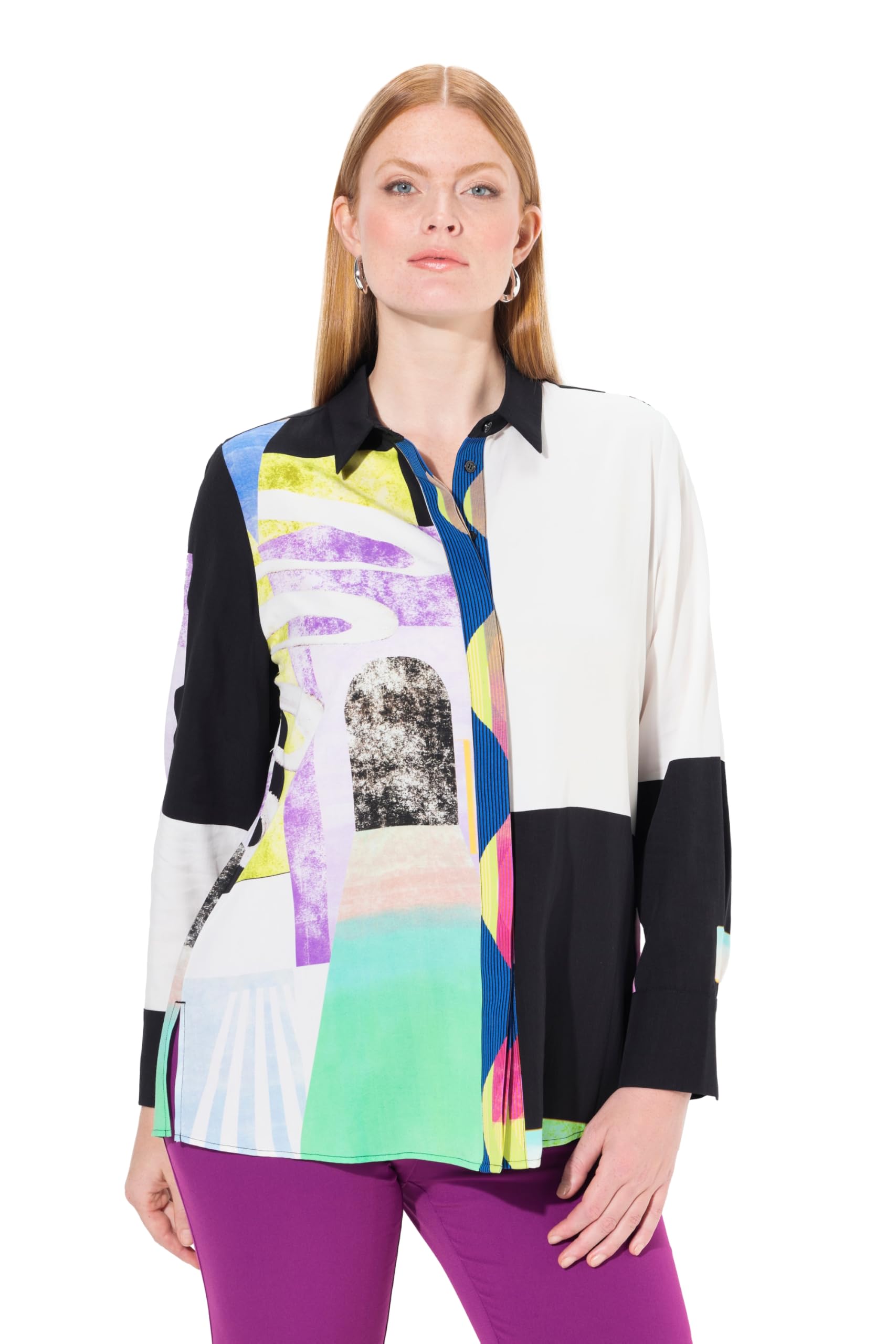 Ulla Popken Damen große Größen Übergrößen Plus Size Lyocell-Bluse, Patchdesign, Hemdkragen, Langarm 834184