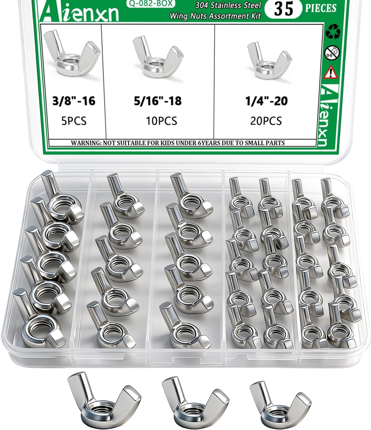 35PCS SAE Sizes Wing Nuts Assortment Kit, 304 Stainless Steel 1/4"-20, 5/16"-18, 3/8"-16, Parts Butterfly Wing Nut, Wingnuts Fasteners