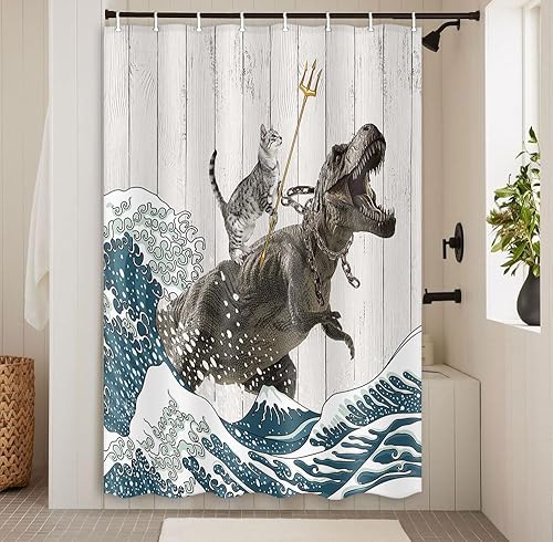 Miniatura 39 de Boziqr Divertida cortina de ducha con diseño de gato, dinosaurio japonés con ondas oceánicas, cortinas de baño de tela para niños, cortina de ducha