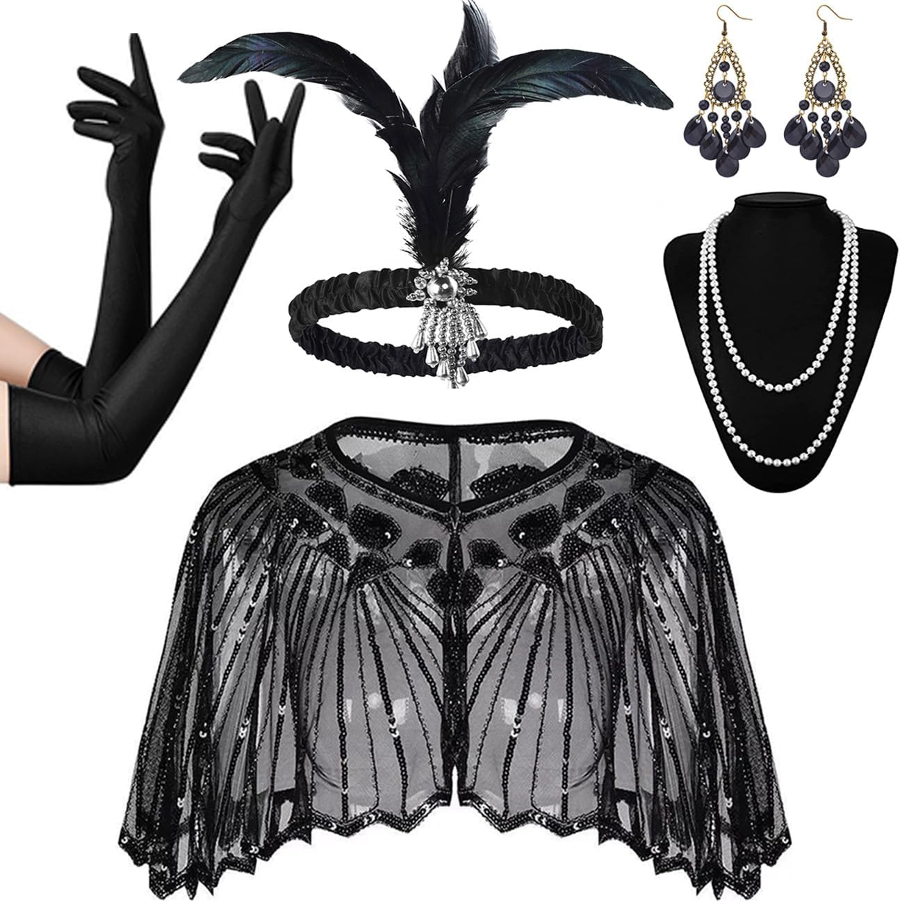 1920s Gatsby Costume Set, 5-Piece Flapper Accessories with Black Sequin Shawl, Pearl Necklace, Headband, Gloves, Earrings