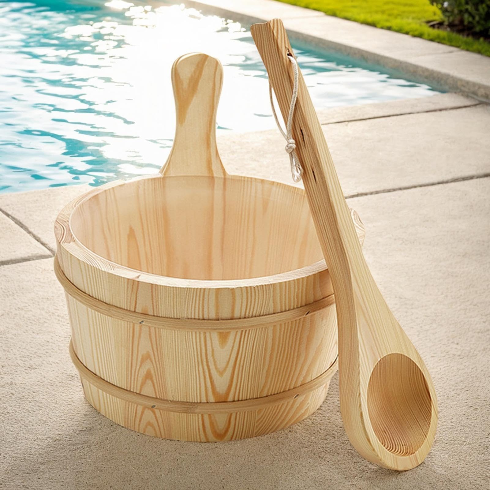 Sauna-Eimer und Schöpflöffel, langer Griff, Löffel-Eimer-Set, Holz, auslaufsicher, Duschzubehör, 4 l Fassungsvermögen, Badwerkzeuge für Garten, Hotel, Outdoor, Hinterhof, Haus, Dampfbaden, Wohnung