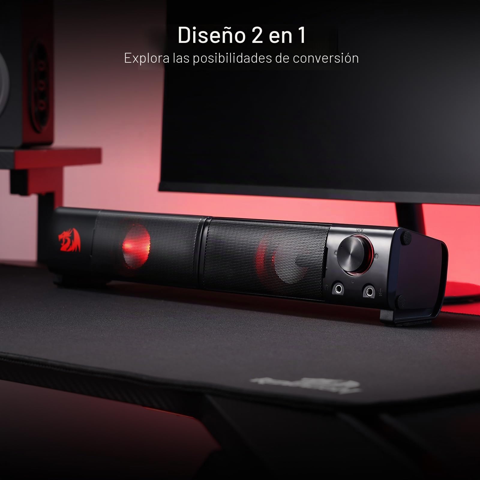 Redragon GS550 ORPHEUS Gaming Speakers, barra de sonido estéreo de escritorio con tamaño compacto, graves de calidad, retroiluminada en rojo, alimentación por USB