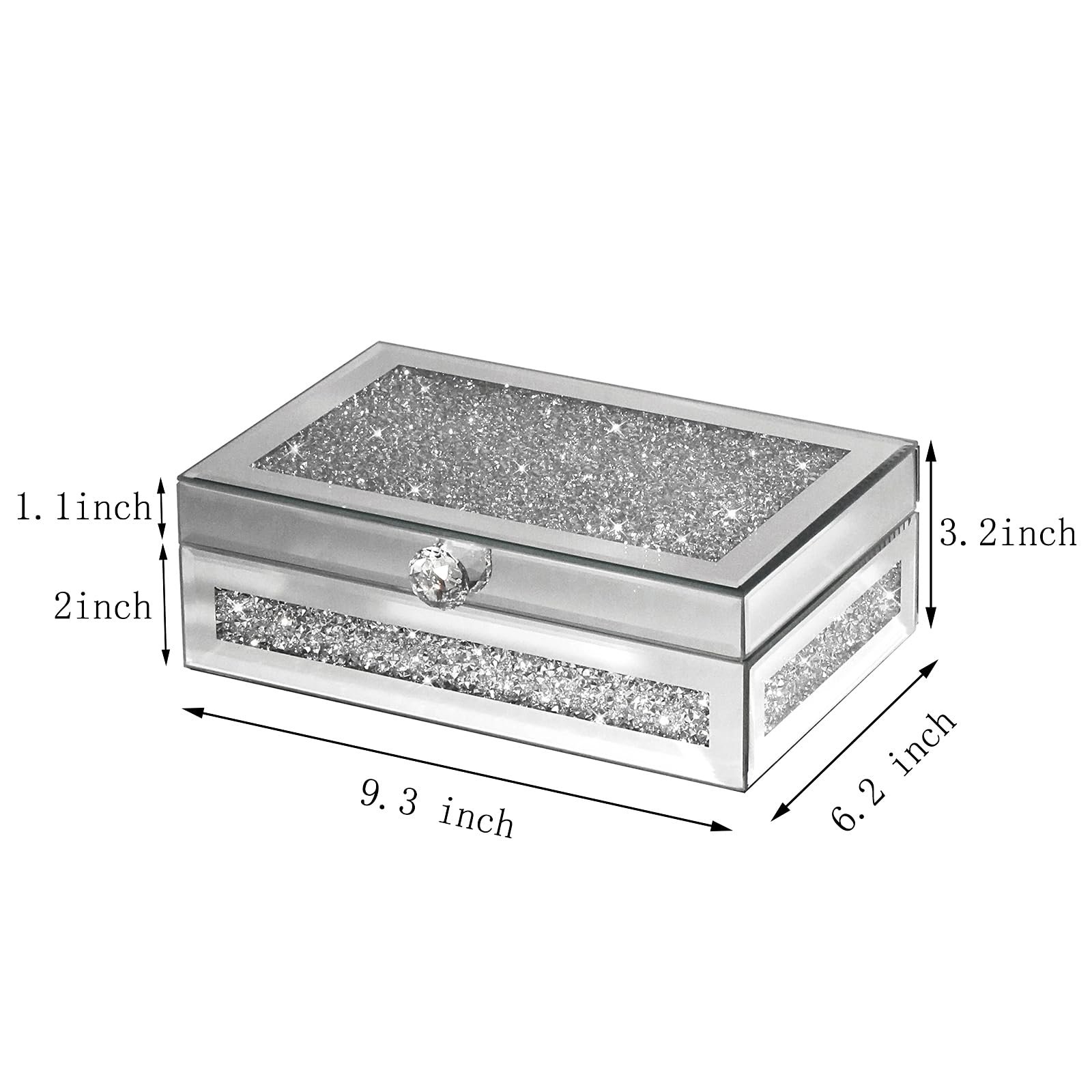 Boîte à bijoux miroir avec couvercle, surface en verre argenté écrasé, boîte à bijoux miroir en strass pour femme, idée cadeau (23,6 x 15,7 x 8,1 cm)