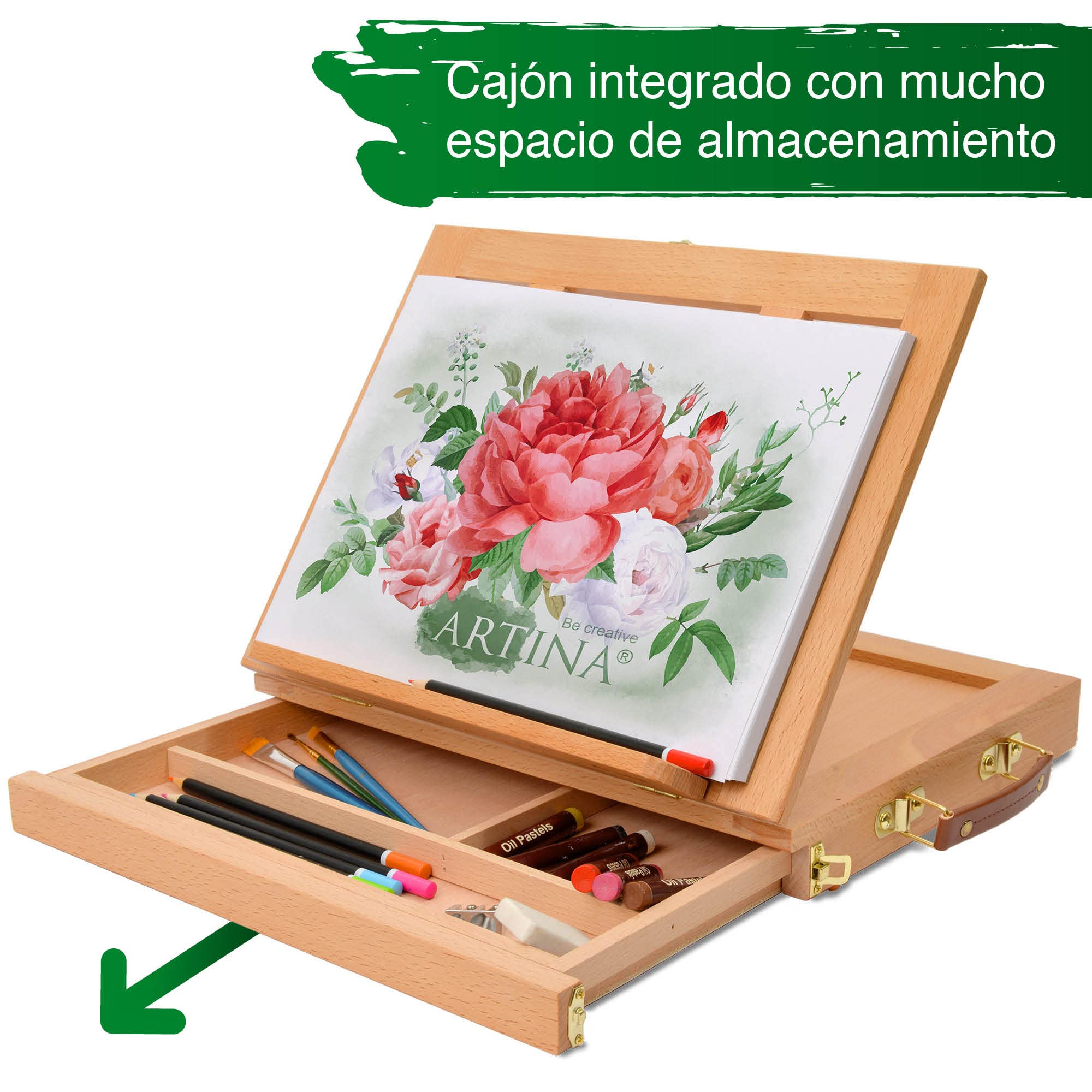Artina Colmar Caballete de mesa de madera de haya lubricada – Tablero de dibujo estable y ajustable con almacenamiento para pintar y dibujar – Caballete de mesa antideslizante en estuche | Caballete ajustable para pintar y dibujar, antideslizante en malet