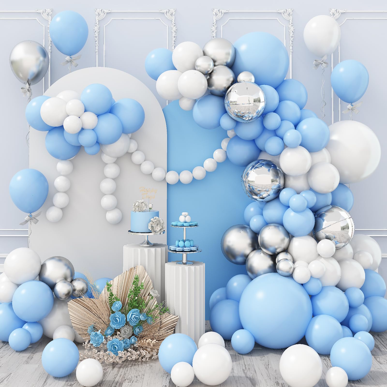 Blue and White Balloon Arch Kit, Pastel Baby Blue Silver Balloon Garland 4D Silver Foil Balloon, White Blue Silver Balloons for Graduation Christening Birthday Baby Shower Party Decorations