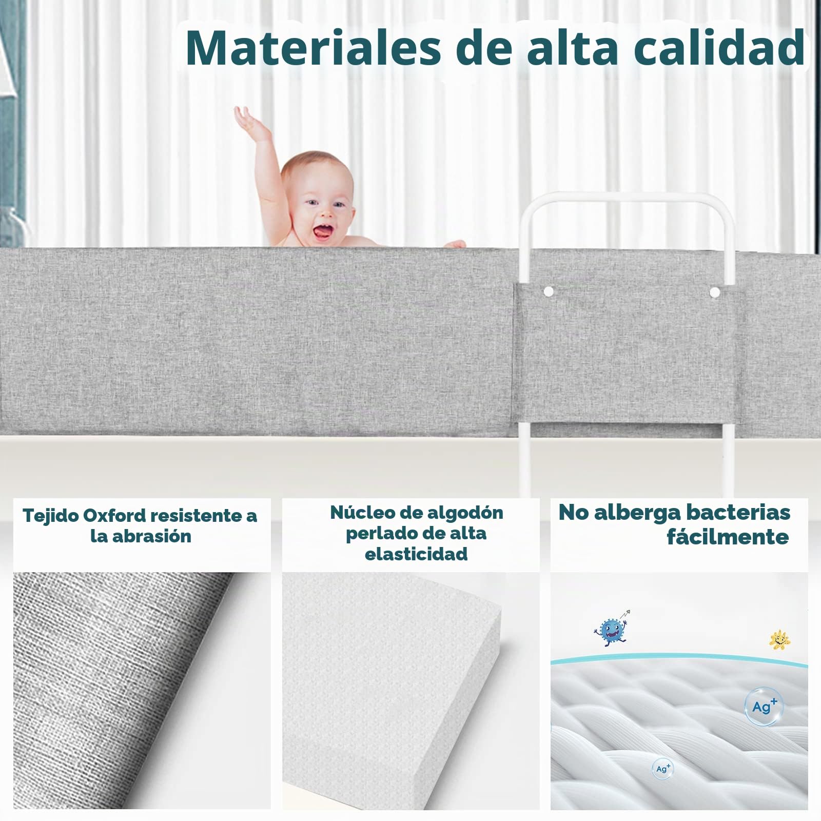 Barrera para cama infantil, protección contra caídas, protección para el borde de la cama, altura ajustable, para niños pequeños y bebés (gris, 100 cm)