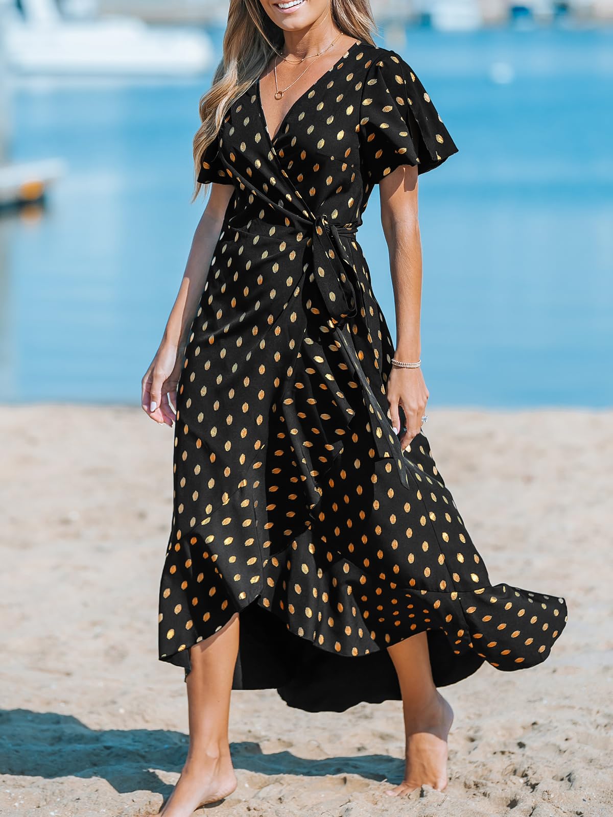 CUPSHE - Vestido largo cruzado de verano para mujer, informal, manga acampanada, cuello en V, con lazo en la cintura y volantes