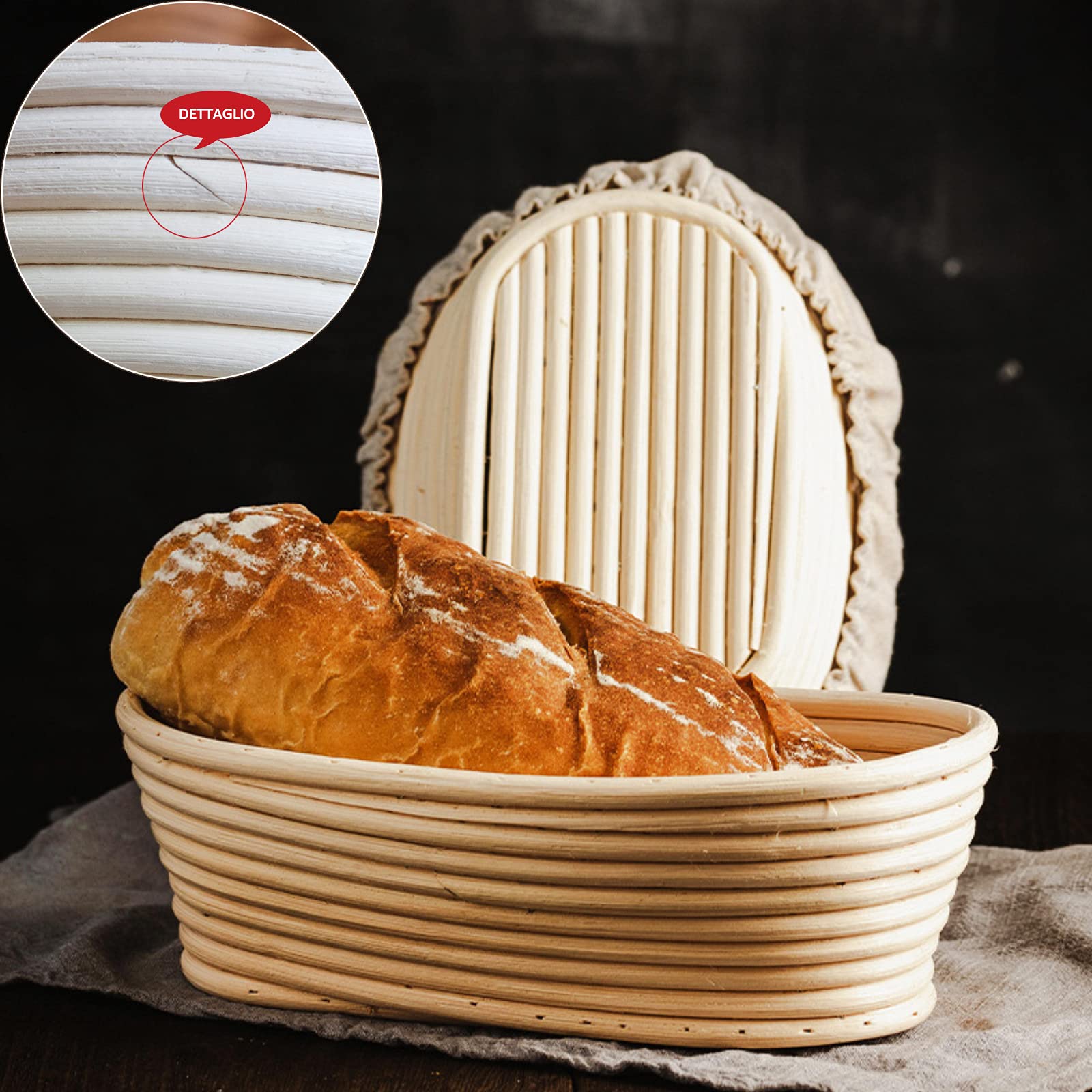 Bread Proofing Basket Round & Oval,2PCS 10in Large Banneton Brotform Rising Proving Bowl,100% Natural Rattan Sourdough,for Professional Home Bakers,750g Dough,Linen cloth Liner,Dough Scraper/Whisk - Image 3