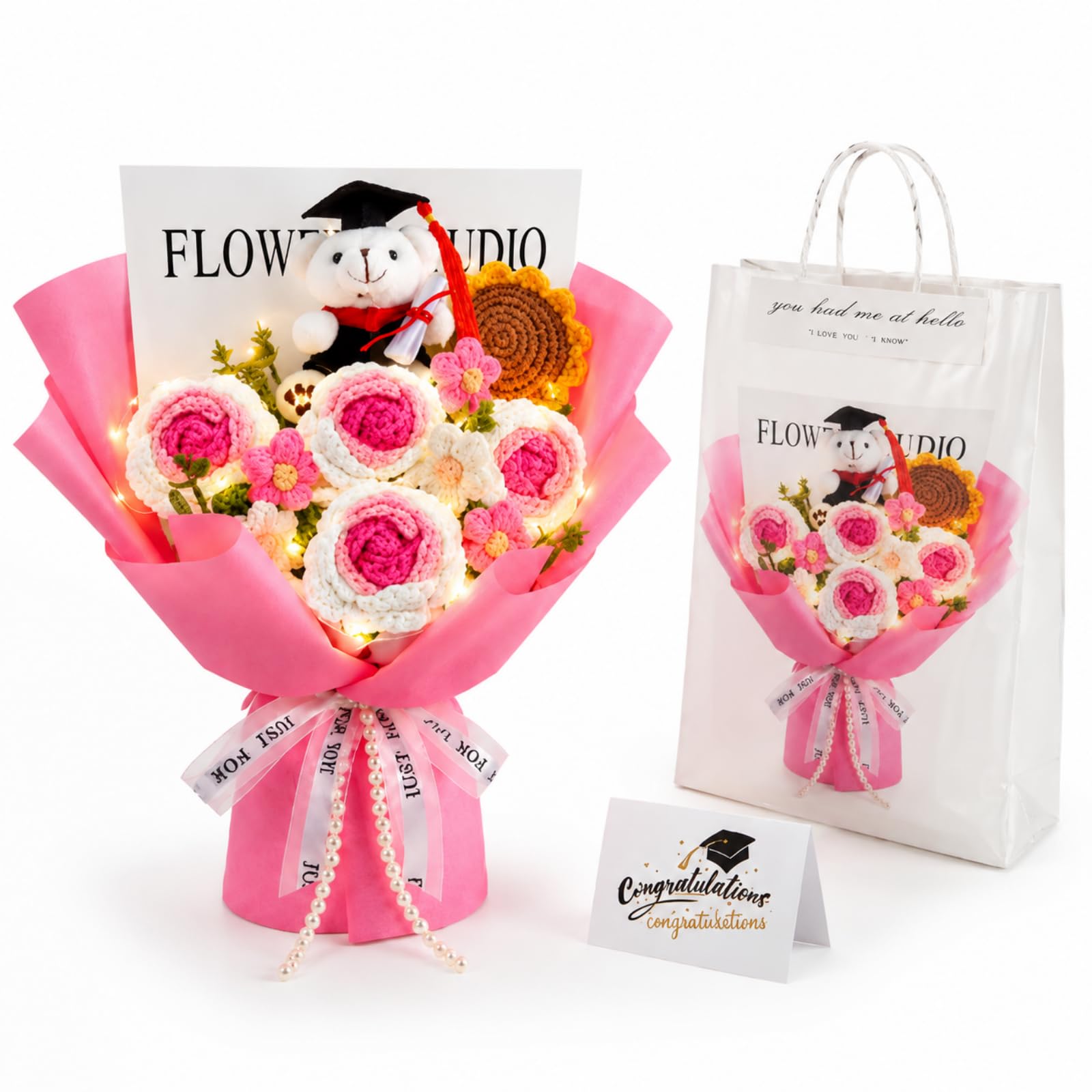 CECOMBINE Crochet Graduation Flower Bouquet - Sunflowers, Daisies & Roses with Grad Bear & LED Lights - Knitted Artificial Flowers Gift Set for Graduation, Teachers, Birthdays & Home Decor (Pink) — image 1