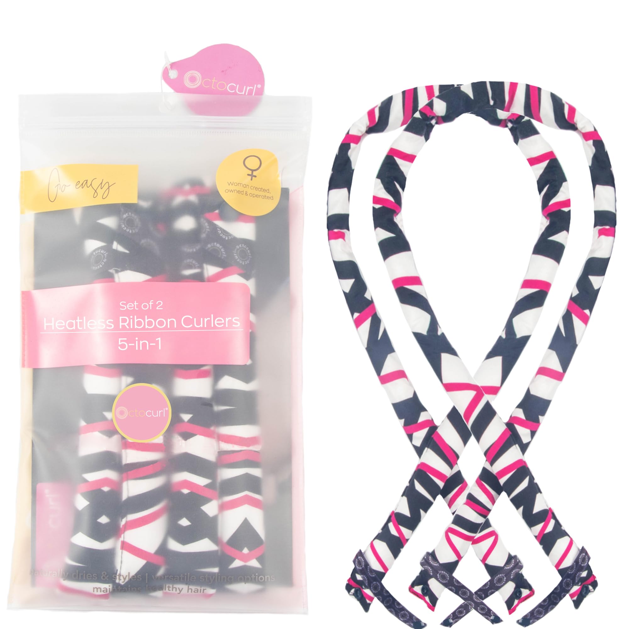 Octocurl Ribbon Curlers - Heatless Curling Headband - Flexible Curling Ribbon for Heatless Curls - Set of 2 (Cotton Poplin - Viva Diva)