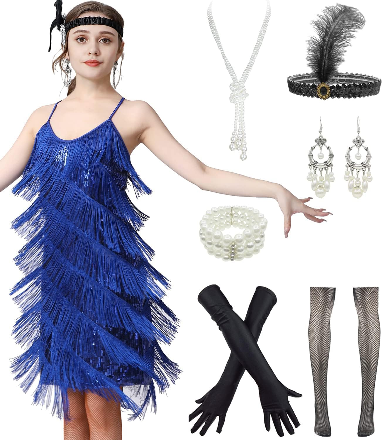 レディース フラッパードレス 1920年代 ギャツビー タッセル 揺れるダンス カクテルドレス 20年代 アクセサリーセット シビル アイスブルー  フリンジドレス ジャズエイジ 1920年代 ヴィンテージ風 グレートギャツビー アールデコ チャールストン ダウントンアビー ..., image size:1306x1500