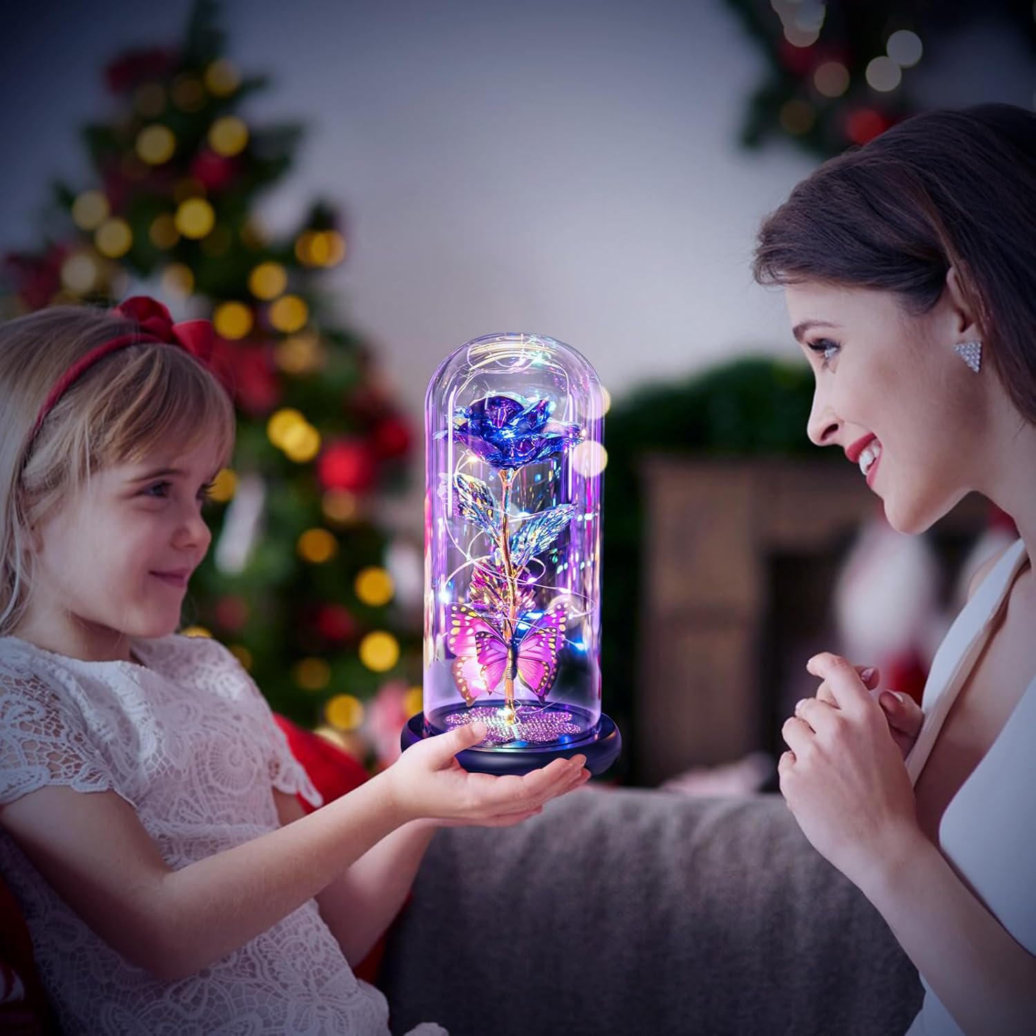 Valentines Day Rose Gifts for Her Women Birthday Gift Galaxy Glass Rose in Glass Dome Forever Eternal Crystal Flowers with Butterfly Valentines Day Gifts for Women Daughter Mom Wife Girlfriend Purple - Image 7