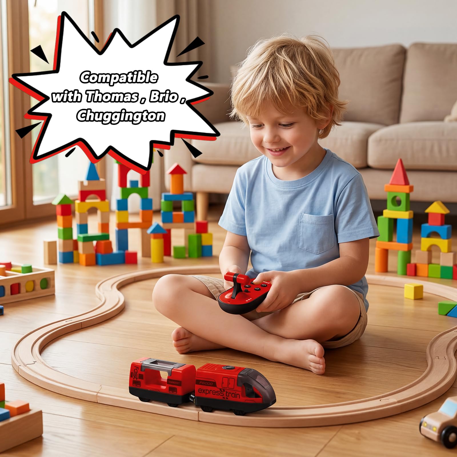1 Set Trenino Elettrico per Bambini, Locomotiva ad Azione a Batteria con Telecomando, Connessione Magnetica, Giocattolo Compatibile con Brio, Thomas, Chuggington, Età 3+
