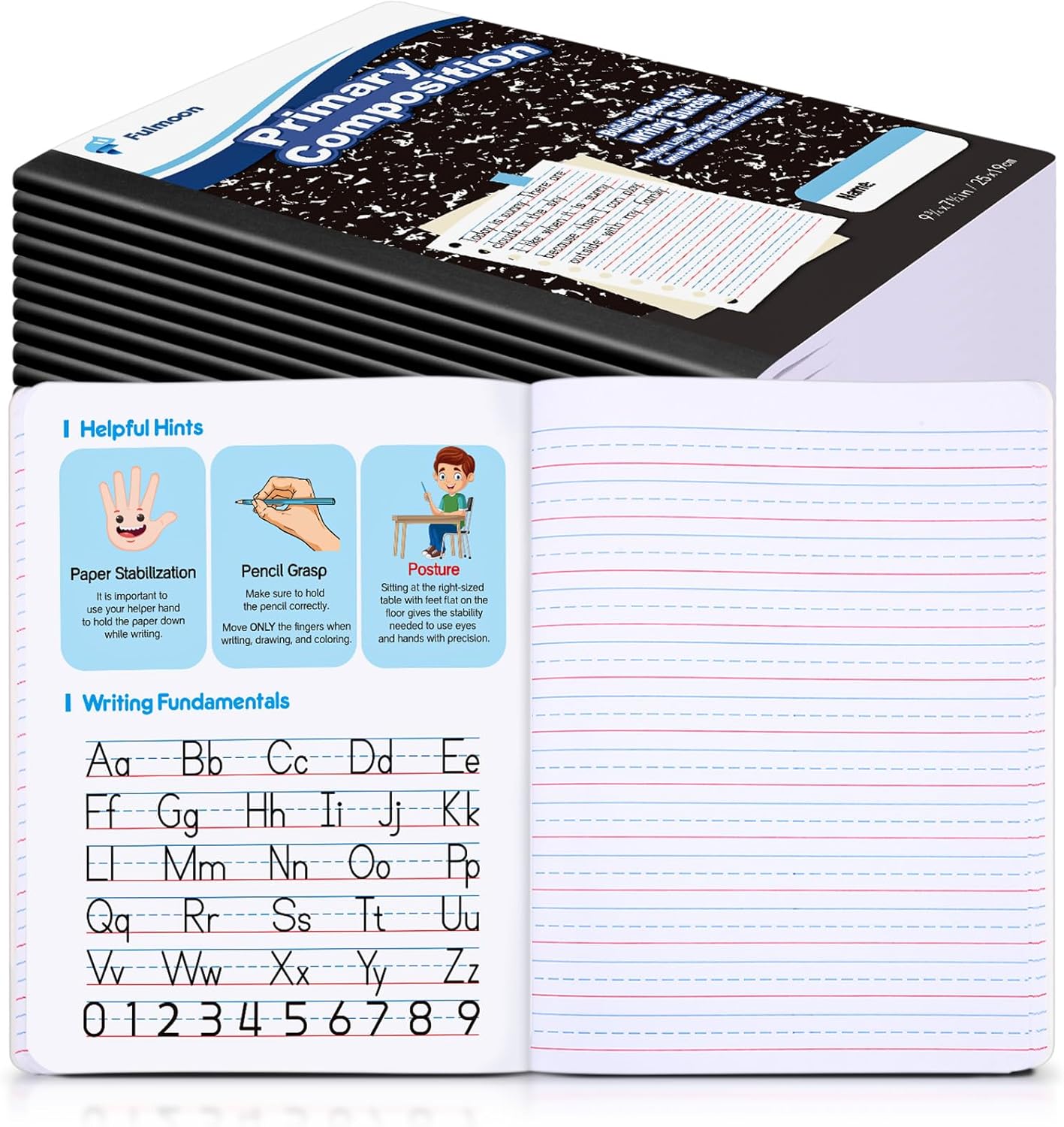 Fulmoon 24 Pack Primary Composition Notebook,Grade K-2 Journal Wide 3 Line Ruled,80 Pages,Marble Cover,7-1/2" x 9-3/4" Primary Writing Notebook for Kindergarten Preschool,1st 2nd Grad (Black Color)