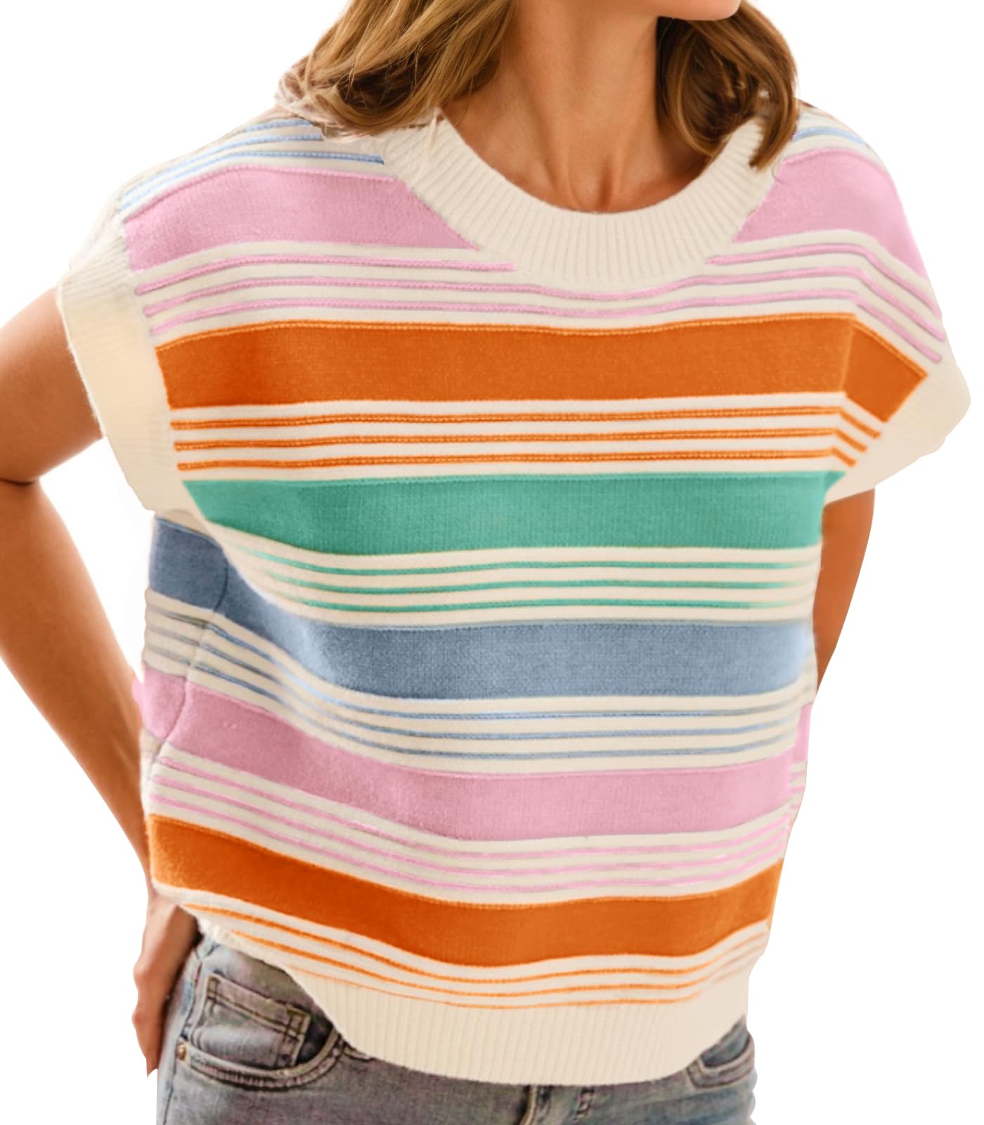 fireswan Womens Cap Sleeve Sweater Vest Striped Color Block Loose Tank Tops Trendy Vacation Outfits Cute Summer Spring Top-picture-14