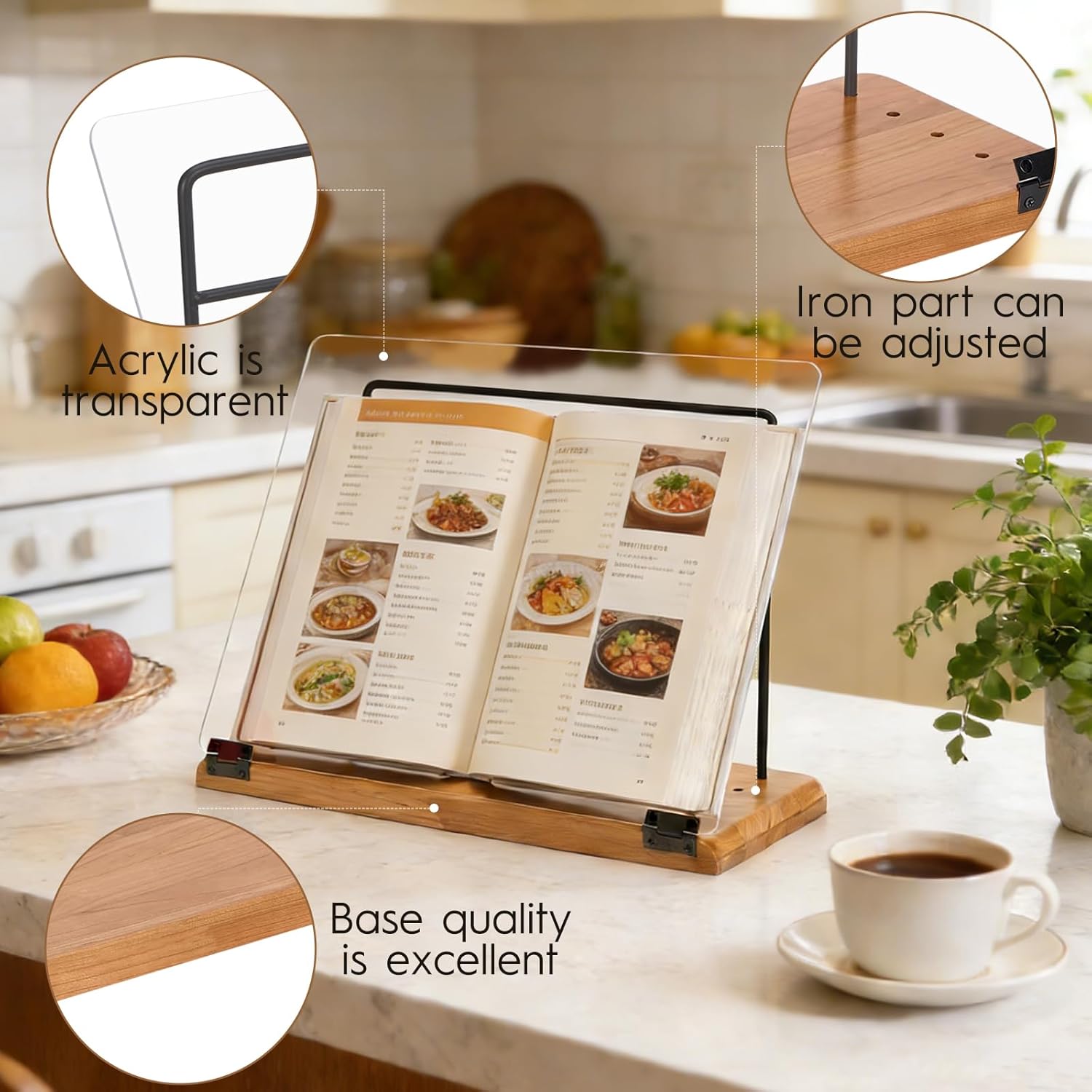 Large Cookbook Stand for Kitchen Counter Adjustable，Wood Recipe Book Holder with Acrylic Shield,Cherry Wood Base and Metal Rail,Durable Cook Book Holder Stand Easily Keeps Cook or Recipe Books Open